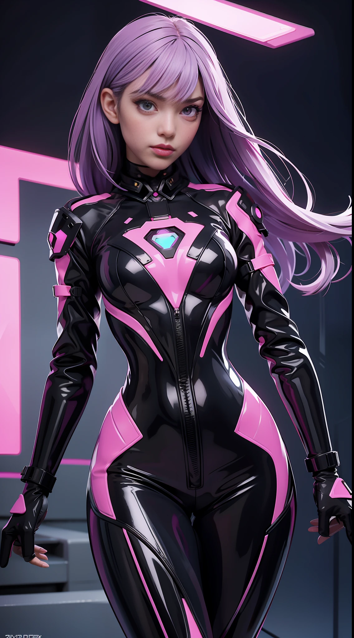 solo, super fine photo, portrait Unreal Engine 5 8K UHD of beautiful and cute girl, lavender and black color scheme tight cybernetic latex catsuit with latex dress outwear, cybernetic glove, futuristic design, orchid neon lights details, beautiful make up, luxurious, best quality, masterpiece, official art, unified 8k wallpaper, super detailed, sharp focus, dynamic pose, body parts