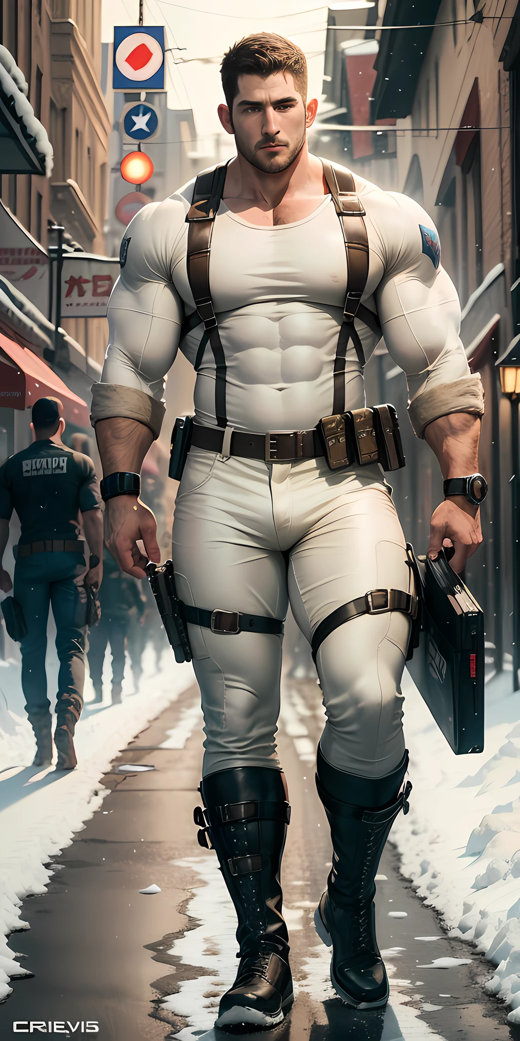 Movie poster, full body, character design (Resident Evil - Chris Redfield, Chris Redfield) wearing a rice milk white combat uniform, standing alone on the snowy street, sad expression, deep and charming eyes, sapphire pupils, muscle male heroes, heroic male poses, tall and burly, muscular! Sexy charming developed leg muscles, tall and burly, creamy white combat suit, super gain and cool, high resolution committee, beige cream white combat boots, attractive strong male, rising sun shining on the body, lonely