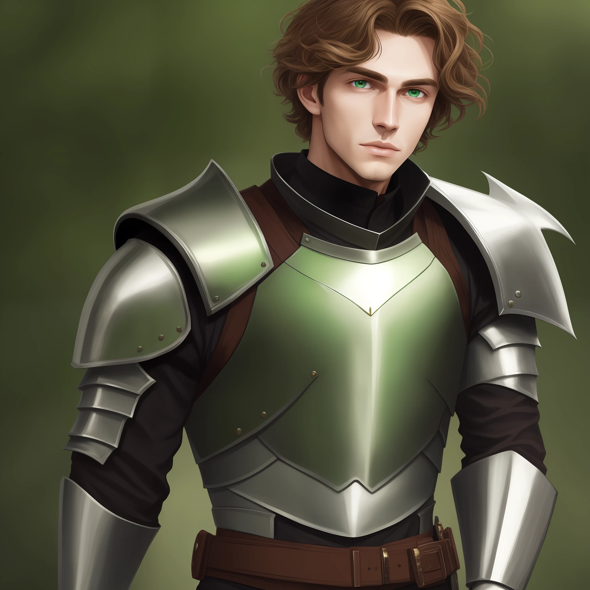 Knight, gorgeous man, 4k, ultrarealistic, light brown hair, wavy hair, short hair, green eyes, defined jaw, 18 years old, no beard, solo