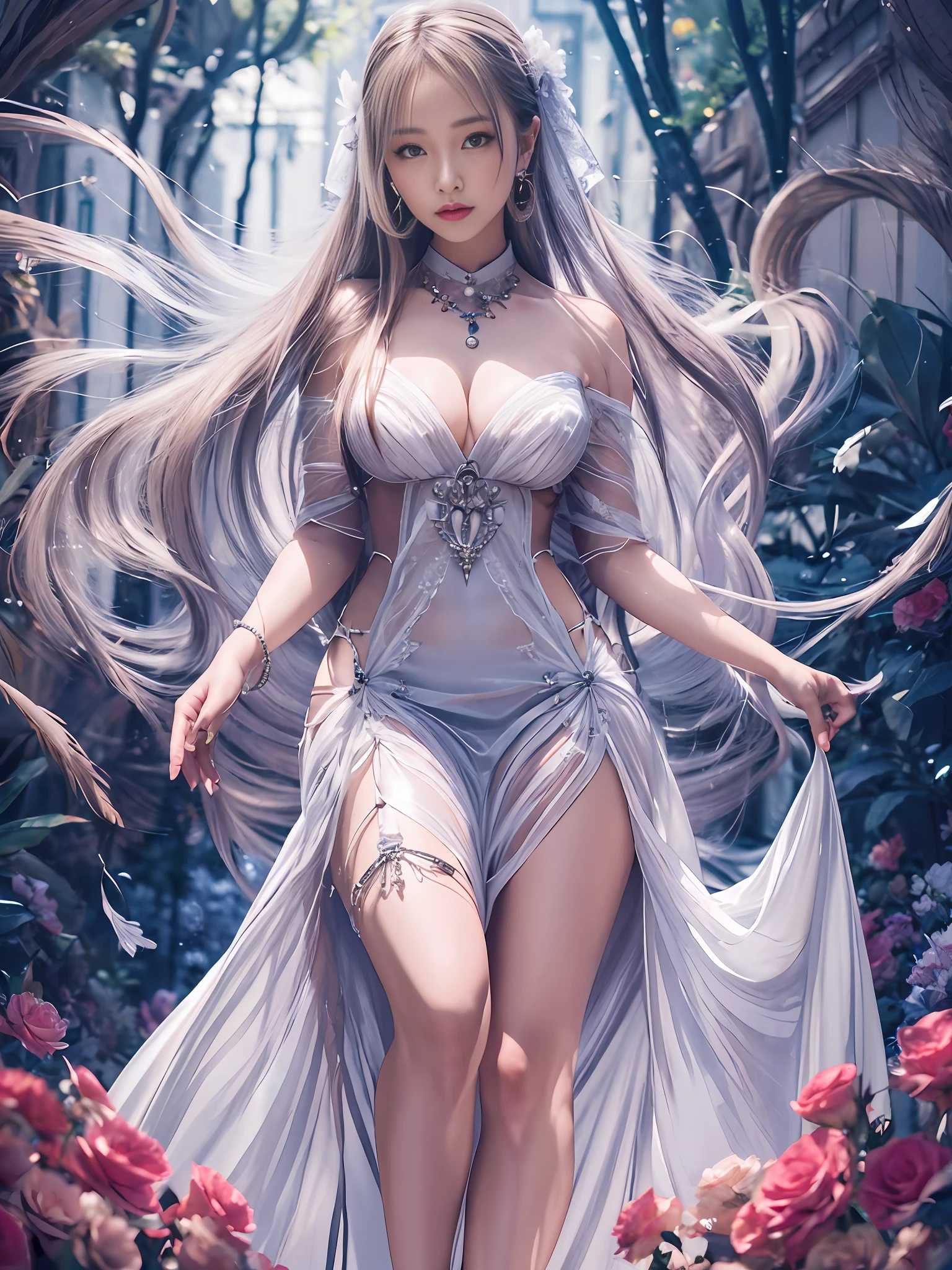 (Best Quality, Masterpiece, High Resolution), 1girl,full body,White Clear Silk Porcelain Dress, Smile, Shut Up, Lips, Dress, Hanfu,(white Silk stockings:1.2),Necklace, Jewelry, Long Hair, Earrings, Beautiful Face, Body, Tyndall Effect, Realism, Edge Lighting, Two-tone Lighting, (High Detail Skin: 1.2), 8k UHD, DSLR, Soft Light, High Quality, Volume Lighting, Frank, High Resolution, 4K, 8K, Background Blur, Dream Forest, Feather Drop Effect, Morning,