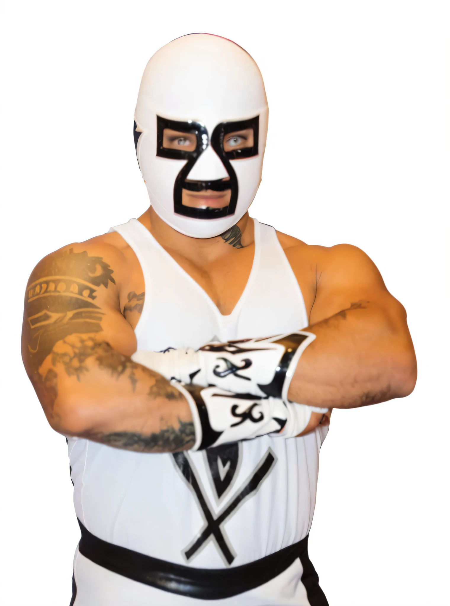 arafed wrestler with a white mask and black gloves, portrait of lucha libre dj, inspired by Dave Arredondo, white background, white facepaint, nacho man randy savage, eddie del rio, david villegas, alex yanes, furio tedesschi, lucha libre, azctec warrior, joe alves, white ghosthulk