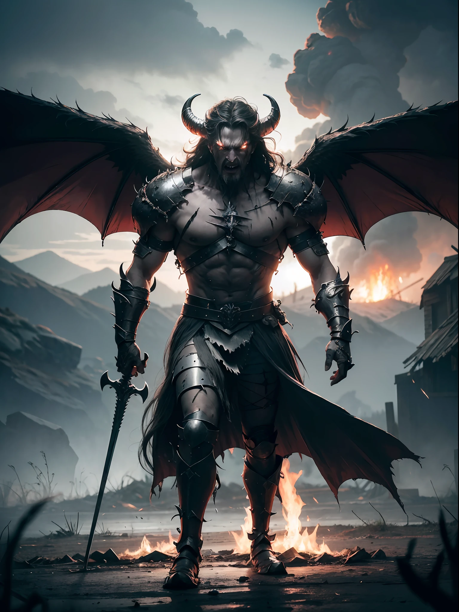 (exquisitely detailed CG unity 8k wallpaper, masterpiece-quality with stunning realism), (best illumination, best shadow), (best quality), dark fantasy, dark atmosphere, chaos, outdoors, Terrifying, otherworldly entity with glowing, malevolent eyes, sharp, gnarled claws, and a haunting, bone-chilling shriek, swords scattered over the ground, tornado made of fire in the background, monster made of swords and white scales, demonic beast, berserk monster, demonic, demon, demon army, demon king, demon lord