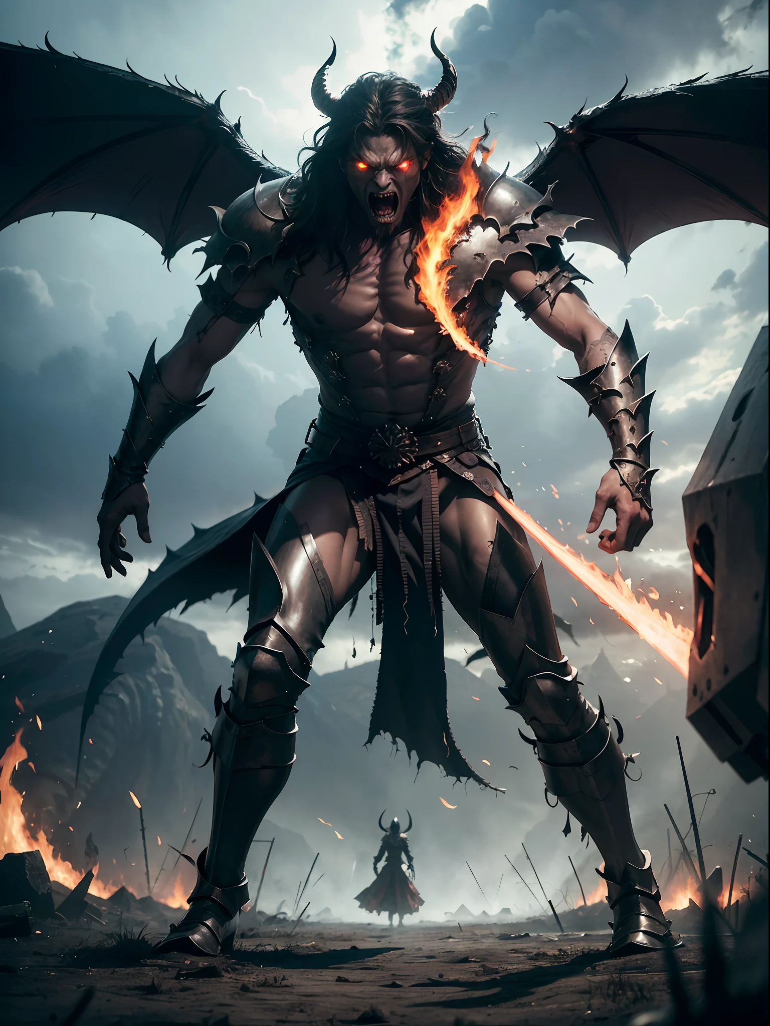 (exquisitely detailed CG unity 8k wallpaper, masterpiece-quality with stunning realism), (best illumination, best shadow), (best quality), dark fantasy, dark atmosphere, chaos, outdoors, Terrifying, otherworldly entity with glowing, malevolent eyes, sharp, gnarled claws, and a haunting, bone-chilling shriek, swords scattered over the ground, tornado made of fire in the background, monster made of swords and white scales, demonic beast, berserk monster, demonic, demon, demon army, demon king, demon lord