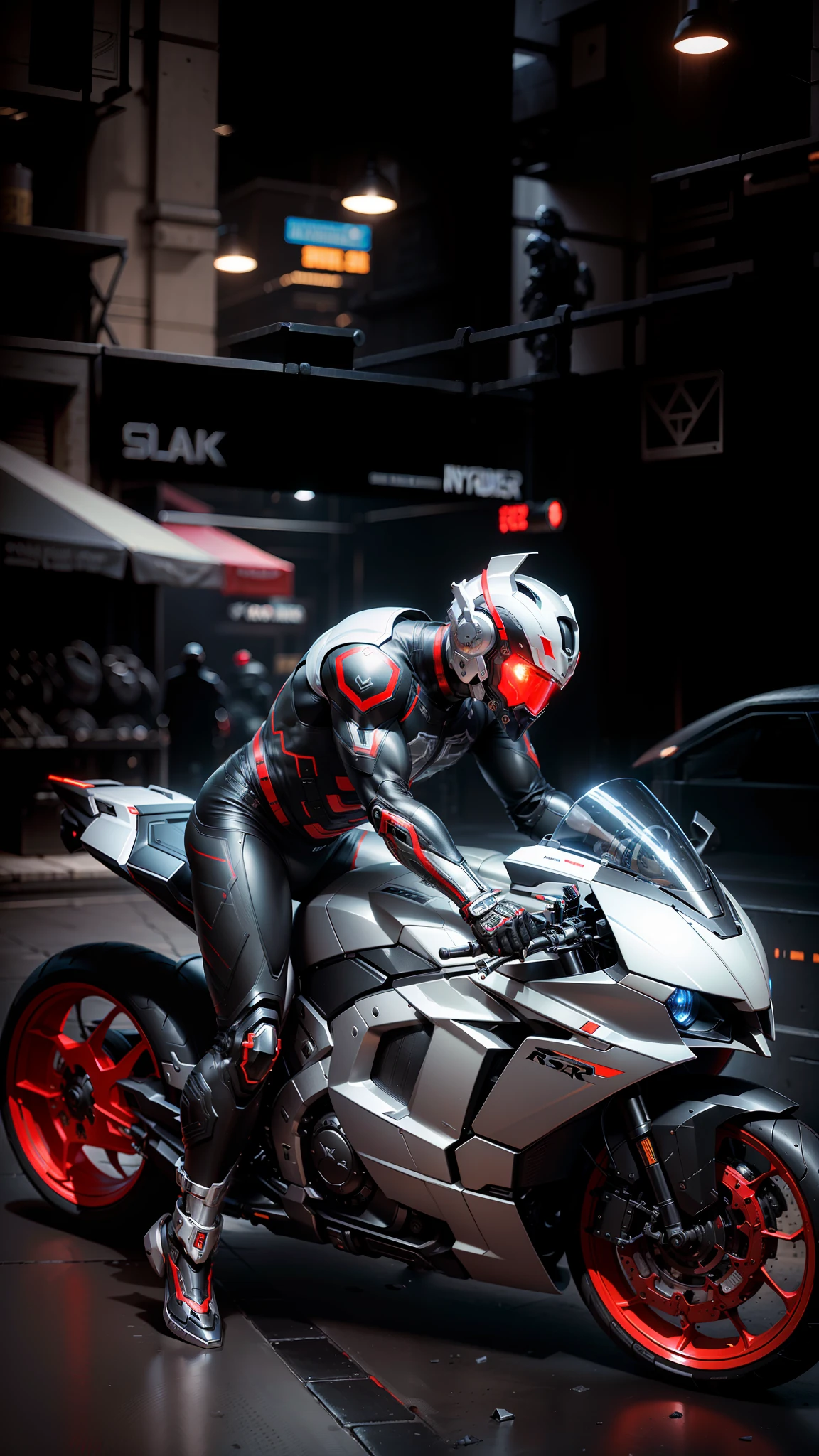 Cyber Male Warrior and Cyber Mechanical Motorcycle, Exquisite Black Tech Helmet, Nousr, Biomechanics, MSHN Robot Man, High Tech Helmet, Hyperreal, Steel, Intricate Design, Crazy Details, Fine Details, Extremely Clear Lines, Cinematic Lighting, Photo Realistic, Detailed Masterpiece