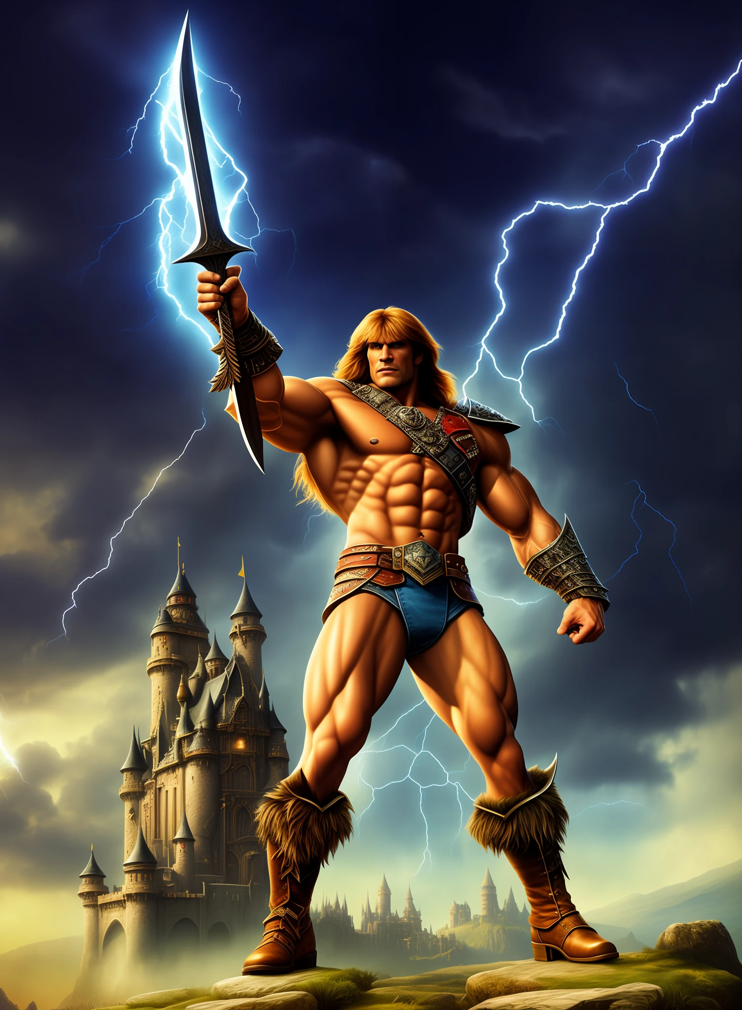 a man holding a sword in front of a skull-shaped castle, barbarian, he-man, he-man!!!, he-man!!!, he man, portrait of him - man, portrait painting of him - man, he-man with a dark way, heman style, inspired by Joe Jusko, 8 0's, real texture skin, ultra realistic, human skin, metal, hyper-realism, hair with hair texture, Castle in the background with texture of Stones, boots the texture of leather, loincloth texture of leather, thighs, ultra detailed, ultra realistic textures, sky with real clouds, lightning and sparks