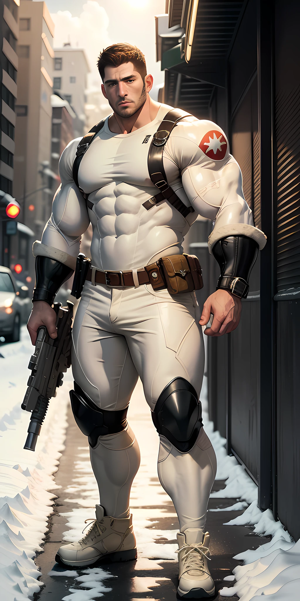 Movie poster, full body, character design (Resident Evil - Chris Redfield, Chris Redfield) wearing a rice milk white combat uniform, standing alone on the snowy street, sad expression, deep and charming eyes, sapphire pupils, muscle male heroes, heroic male poses, tall and burly, muscular! Sexy charming developed leg muscles, tall and burly, creamy white combat suit, super gain and cool, high resolution committee, beige cream white combat boots, attractive strong male, rising sun shining on the body, lonely