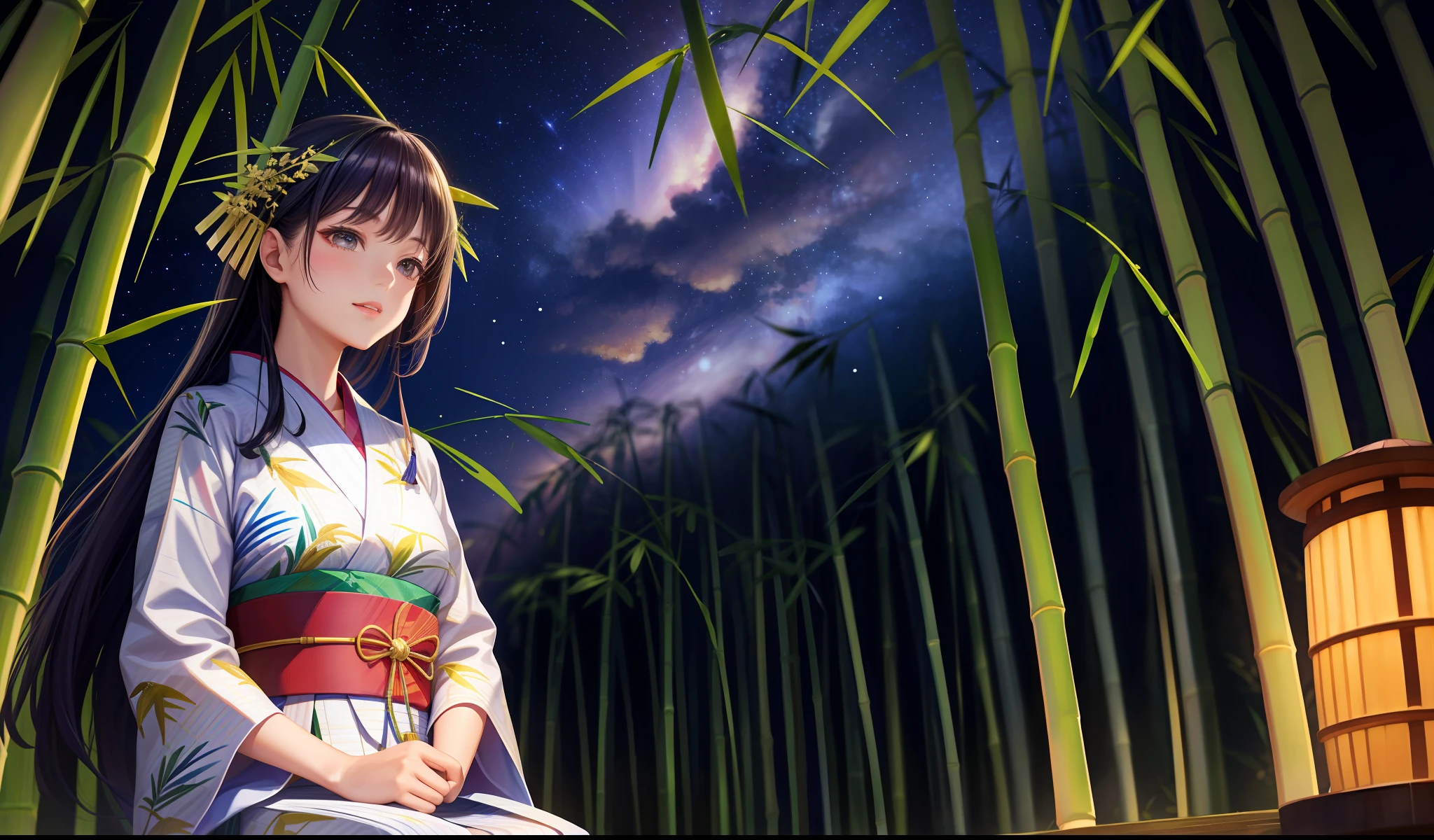 Beauty, 25 years old, countryside, yukata, night, starry sky, ((Tanabata (Tanabata / Bamboo leaves, strips)),