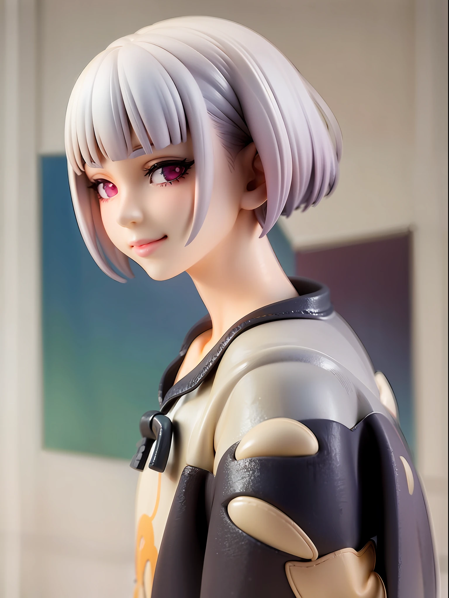 white dress, colorful decorations, short hair, bob cut, white hair, casual pose, abstract colorful background, beautiful eye, closed mouth, smile, female protagonist, young girl, colorful eyes, casual clothes, short bob cut hair, light themed, color sprinkles,