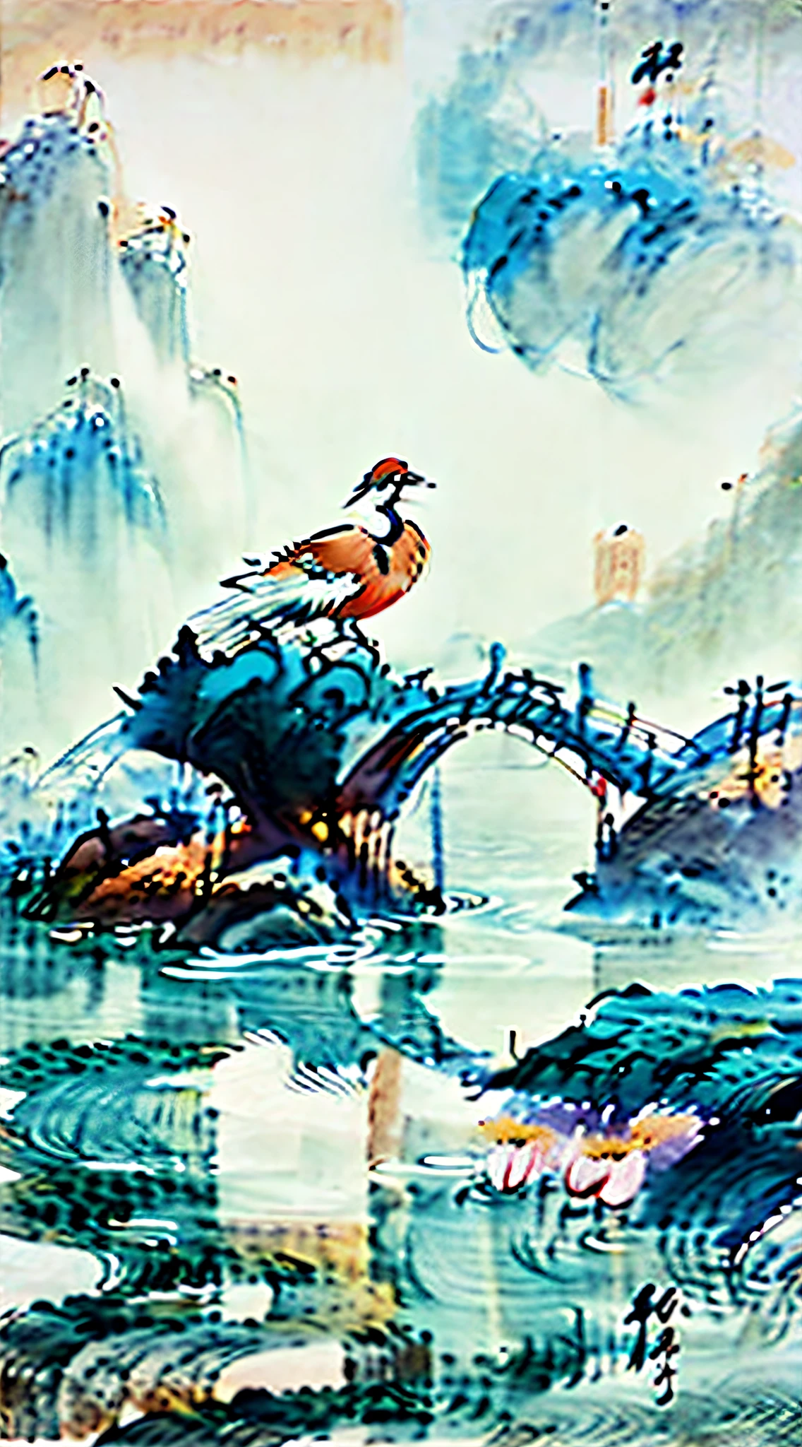 White crane painting in lotus pond, Chinese brush illustration, Chinese painting style, Chinese traditional painting, Chinese traditional ink painting, Chinese style painting, Chinese watercolor style, Chinese ink painting, beautiful artwork illustration, inspired by Xiao Yuncong, Chinese traditional art, Chinese painting, Zhongyuan Festival, inspired by Wang Yuanqi