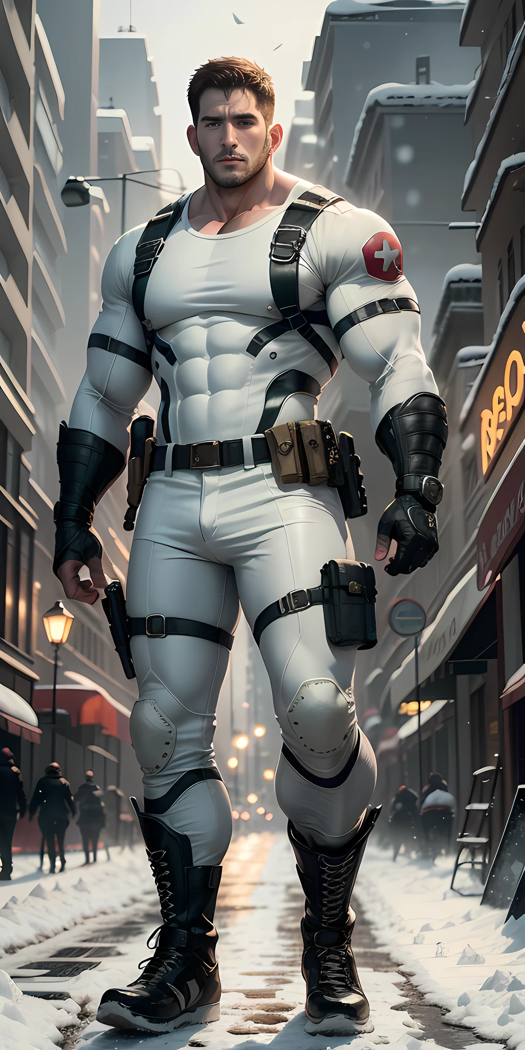 Movie poster, full body, character design (Resident Evil - Chris Redfield) wearing a rice milk white combat uniform, standing alone on the snowy street, sad expression, deep and charming eyes, sapphire pupils, muscle male hero, heroic male pose, tall and burly, muscular! Sexy charming developed leg muscles, tall and burly, creamy white combat suit, super gain and cool, high resolution committee, mi-cream white combat boots, attractive strong male, warm yellow street lamp shining on the body, lonely