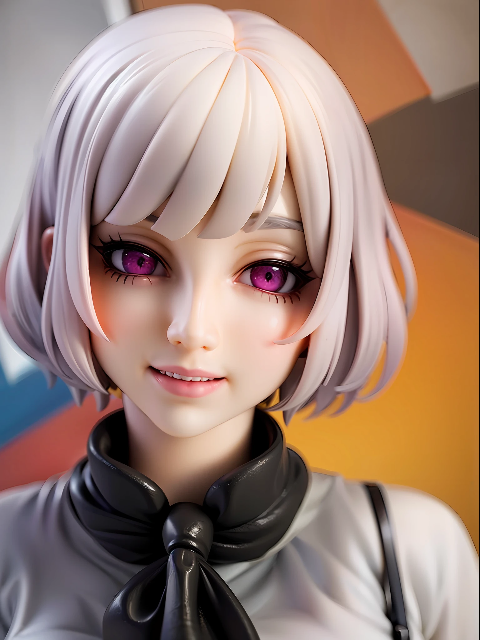 white dress, colorful decorations, short hair, bob cut, white hair, casual pose, abstract colorful background, beautiful eye, closed mouth, smile, female protagonist, young girl, colorful eyes, casual clothes, short bob cut hair, light themed, color sprinkles,