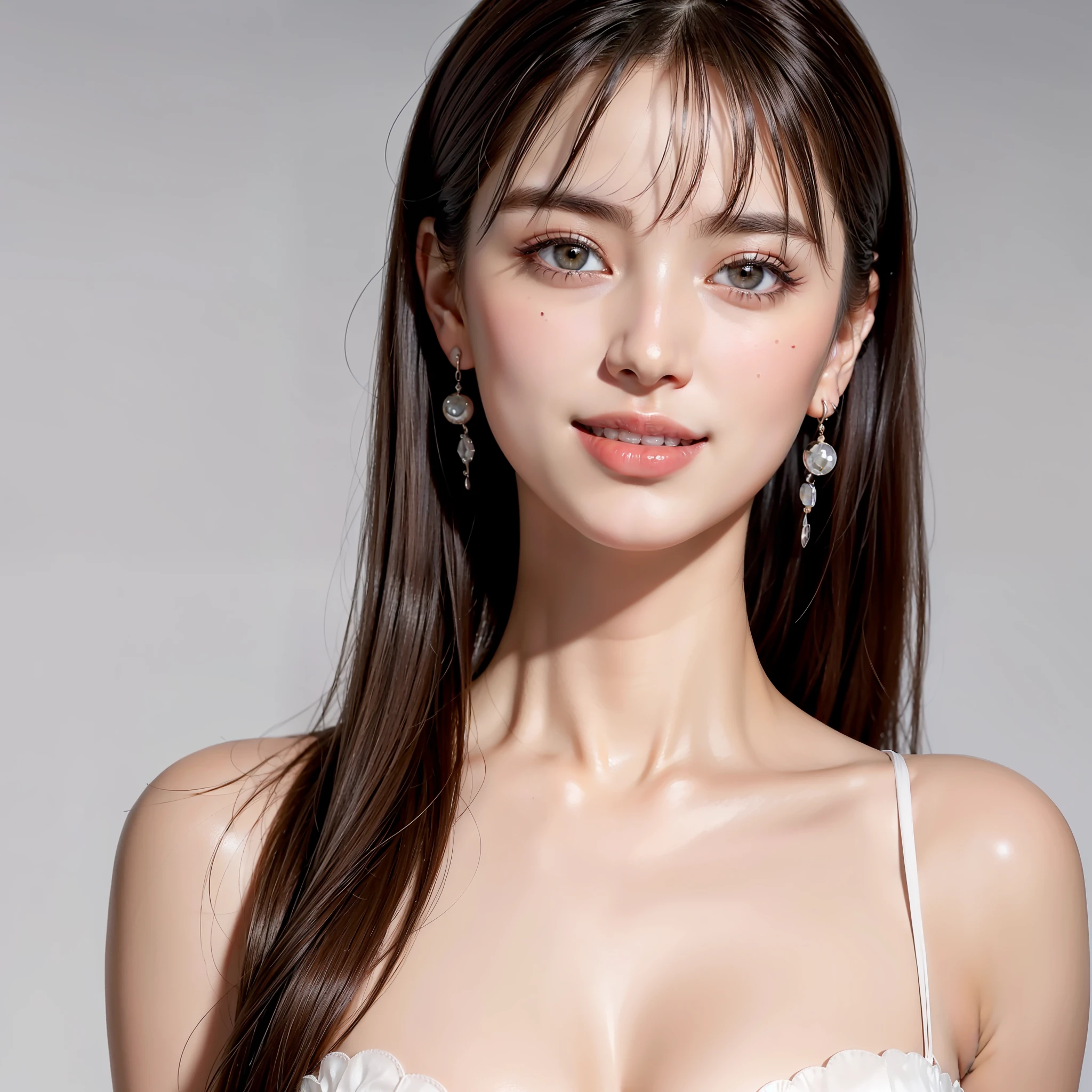 One beautiful woman shouldered shirt, (open all ons: 1.1), big ep cleavage, top qmasterpiece, illustration, very delicate and beautiful, very detailed, CG, unity, 8K wallpaper, amazing, fine detail, highly detailed CG Unity 8K wallpaper, huge file size, very detailed, high resolution, handsome detail woman, very detailed big eyes and face, Amazing detailed eyes, face light, (Best Illustration: 1.1), super high resolution, (Photoreal: 1.1), (Photoreal: 1.2:1.1), realistic facial proportions, slender, smile, (makeup: 0.4), (Fluffy pale colored eyes: 1.21), pale colored eyes, round eyes, looking at the beholder, dark brown hair, earrings, necklaces, hairpins, ( Irregular irregular skin imperfections, veins, wrinkles on the skin: pores: 1.2), white background, (bokeh: 1.4), very short hair, short bob, oil on the skin, oil on the face, gloss on the skin, gloss on the face, gloss on the lips, gloss on the chest, glossy skin, smile, smile, beautiful teeth, beautiful bangs, beautiful collarbone, long neck, big eyes, clear eyes, clear eyelids, clear double eyelids, ears out, Incredibly cute, overwhelmingly beautiful, highlights in the eyes, thick bangs, bangs
