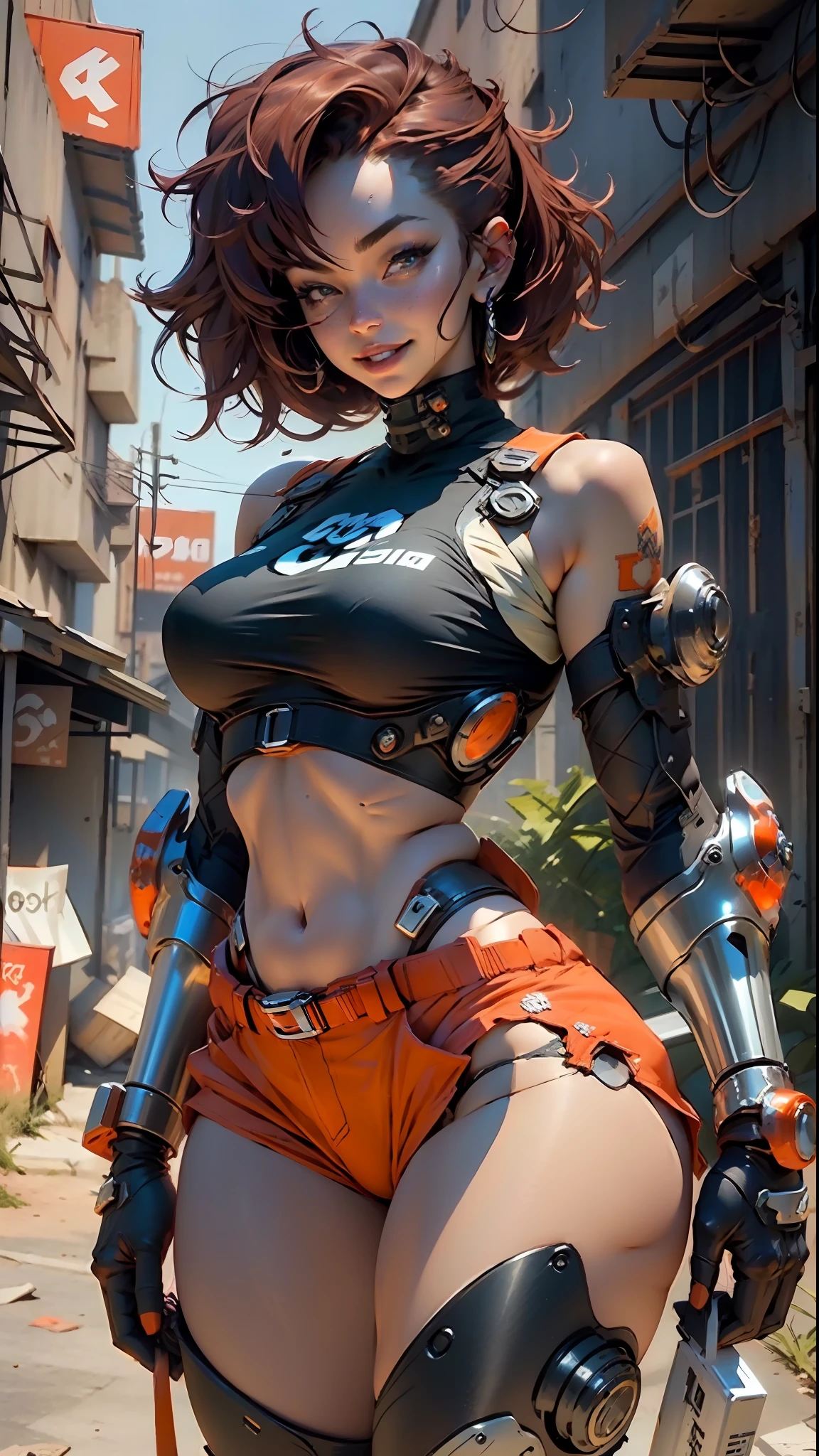 Beautiful cool woman smile, short underwear, thick thighs defined body cybernetic prosthesis, big boobs, orange high top short, big weapon,