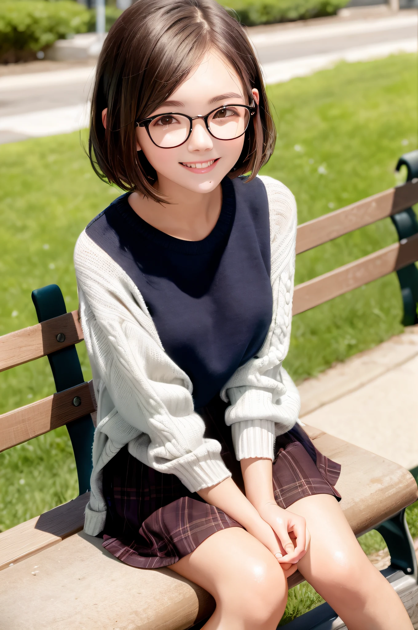 Woman sitting on a park bench 18 years old, breast size is D cup, summer, jumper skirt, smile, brown hair, bob hair, Boston type glasses,