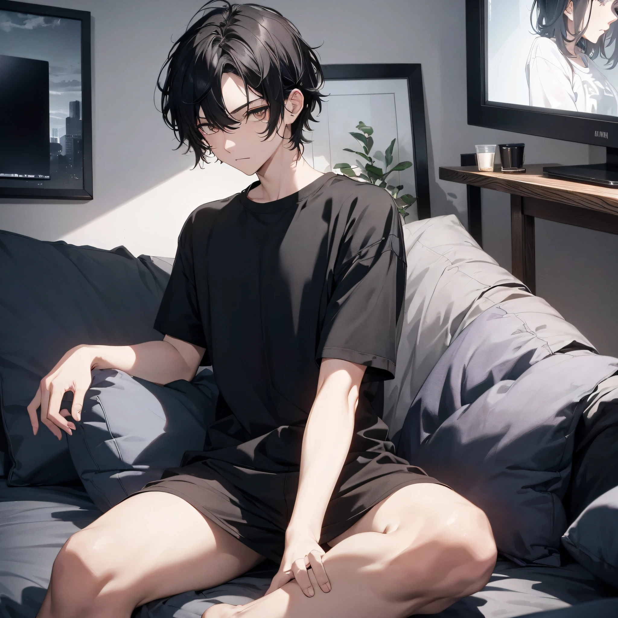 Absurd resolution, high resolution, (masterpiece: 1.4), hyper-detail, young man messy short black hair, black casual clothes, eerie room, lying on the sofa, watching TV (1.3) black cat