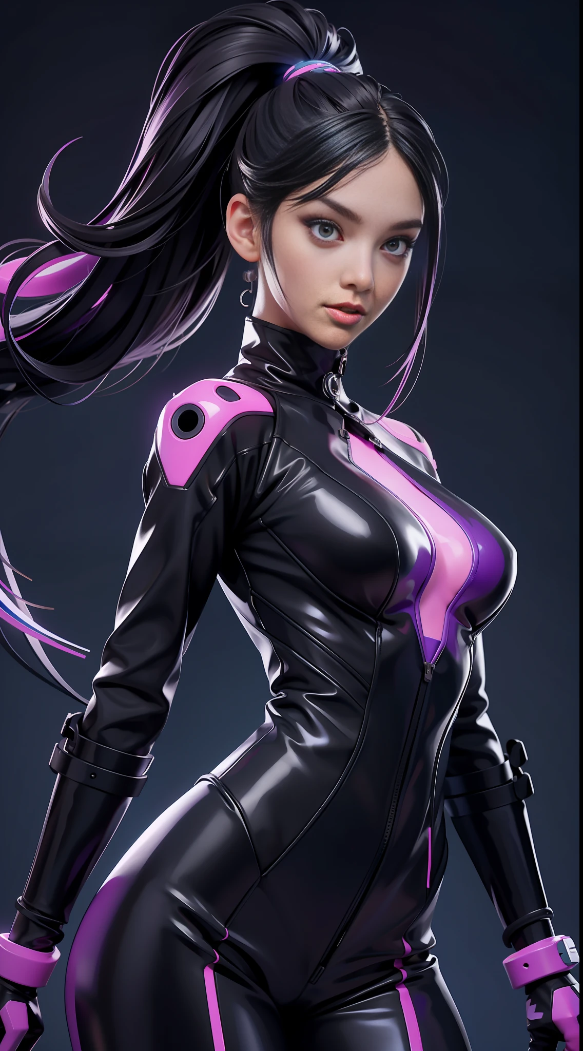 solo, super fine photo, portrait Unreal Engine 5 8K UHD of beautiful and cute girl, Rebecca purple and black color scheme tight cybernetic latex catsuit with latex dress outwear, cybernetic glove, futuristic design, blue violet neon lights details, beautiful make up, luxurious, best quality, masterpiece, official art, unified 8k wallpaper, super detailed, sharp focus, dynamic pose, body parts