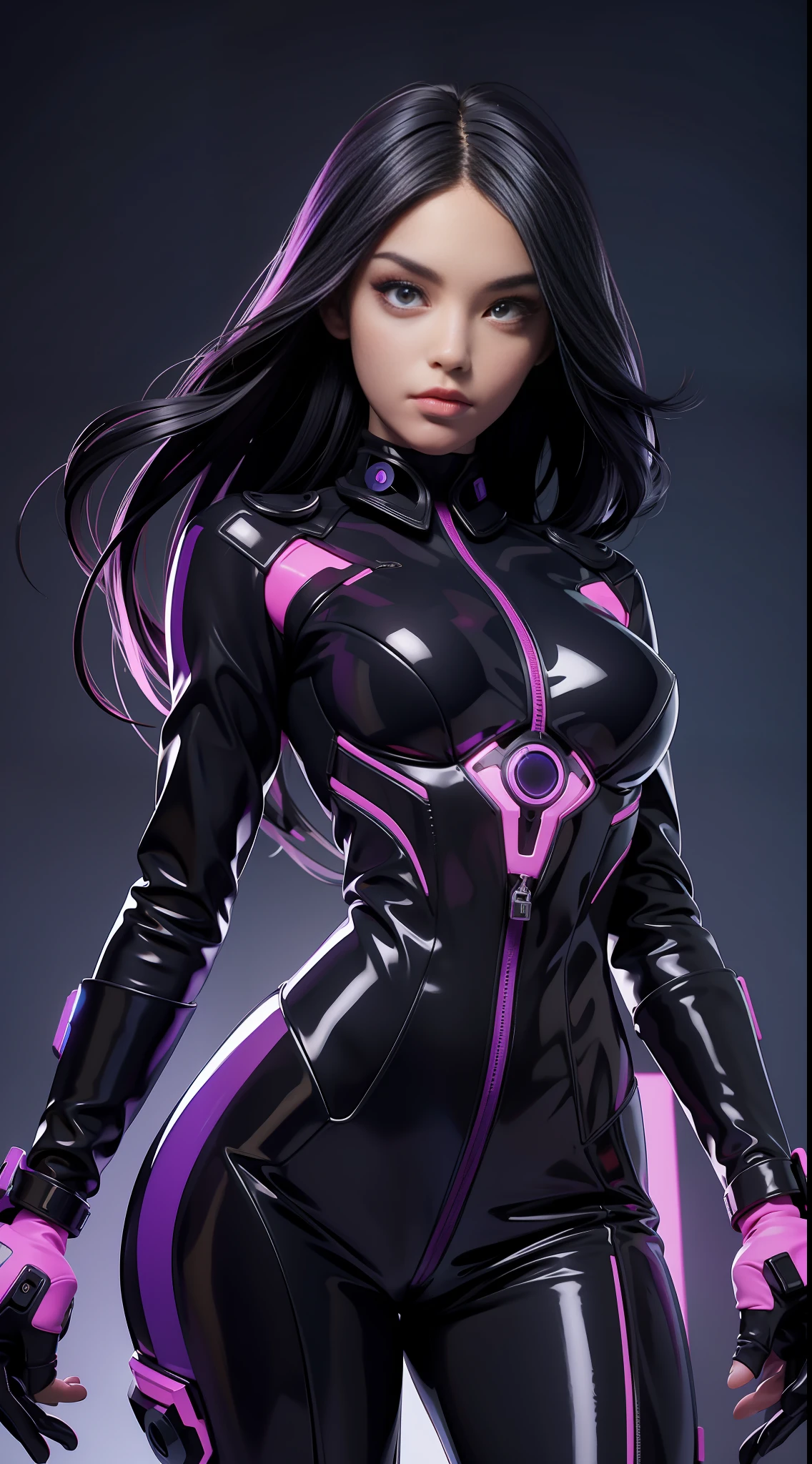 solo, super fine photo, portrait Unreal Engine 5 8K UHD of beautiful and cute girl, Rebecca purple and black color scheme tight cybernetic latex catsuit with latex dress outwear, cybernetic glove, futuristic design, blue violet neon lights details, beautiful make up, luxurious, best quality, masterpiece, official art, unified 8k wallpaper, super detailed, sharp focus, dynamic pose, body parts