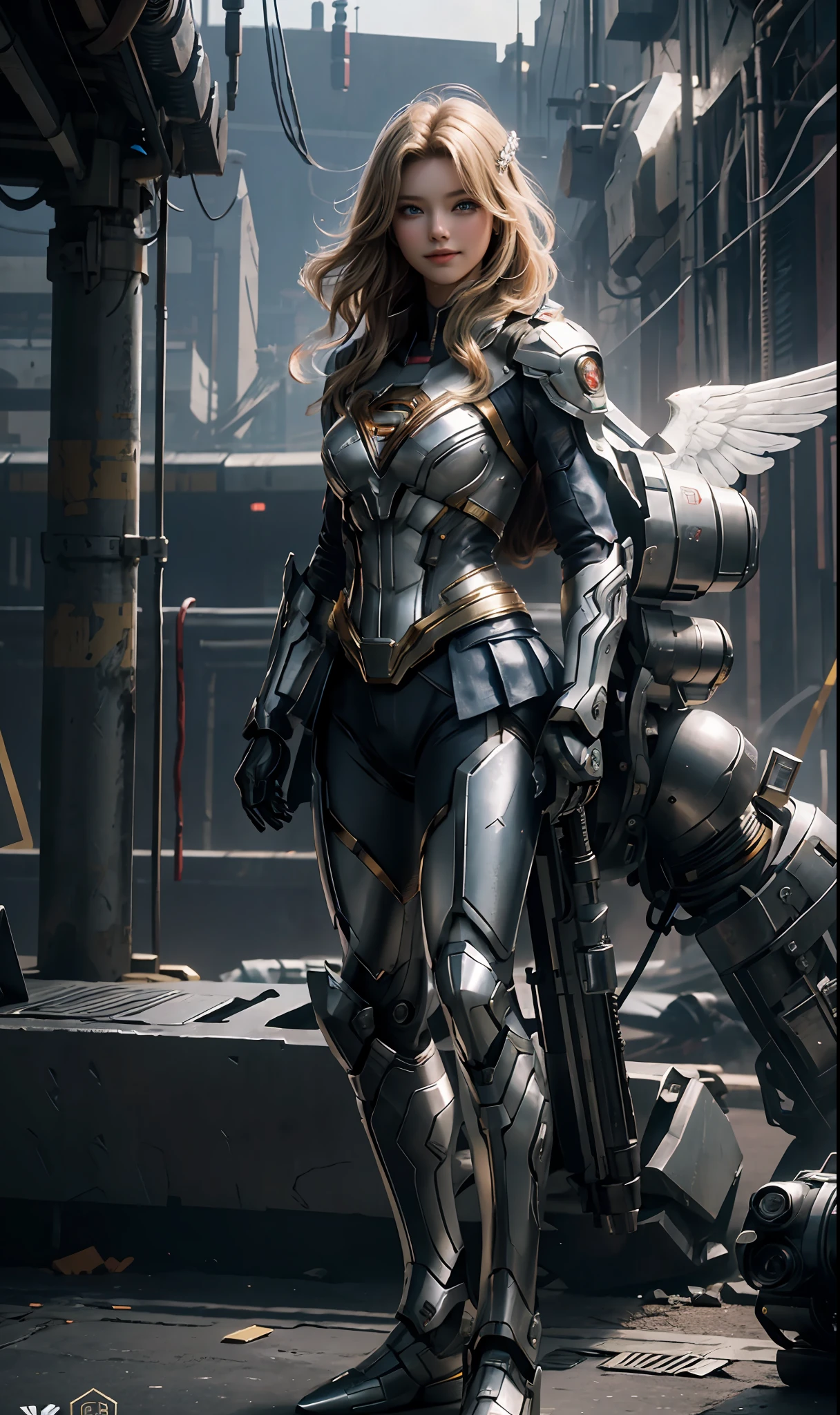 Supergirl masterpiece, (best quality), highly detailed, ultra-detailed, 1supergirl, (mechanicalwings: golden, glowingeyes: blue, silverarmor: 1.2, elongated ears: 0.8), (cyberpunkcity: 1.5, weapon: energyblade), (fantasylandscape: 1.2, natural lighting: 1.5, confidentexpression), (panorama: 1.2), blonde, with superman symbol S on the chest, mecha, smile, blue eyes, angle, angels, wings,