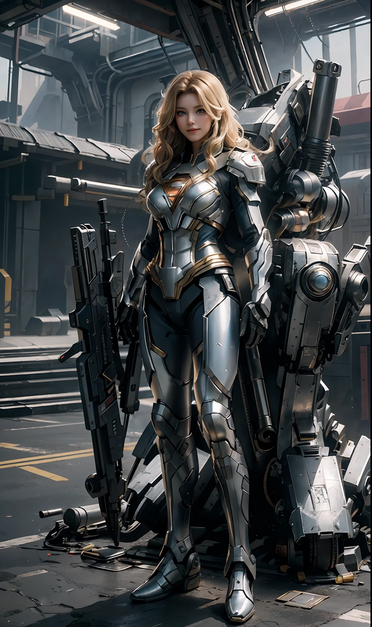 Supergirl masterpiece, (best quality), highly detailed, ultra-detailed, 1supergirl, (mechanicalwings: golden, glowingeyes: blue, silverarmor: 1.2, elongated ears: 0.8), (cyberpunkcity: 1.5, weapon: energyblade), (fantasylandscape: 1.2, natural lighting: 1.5, confidentexpression), (panorama: 1.2), blonde, with superman symbol S on the chest, mecha, smile, blue eyes, angle, angels, wings,