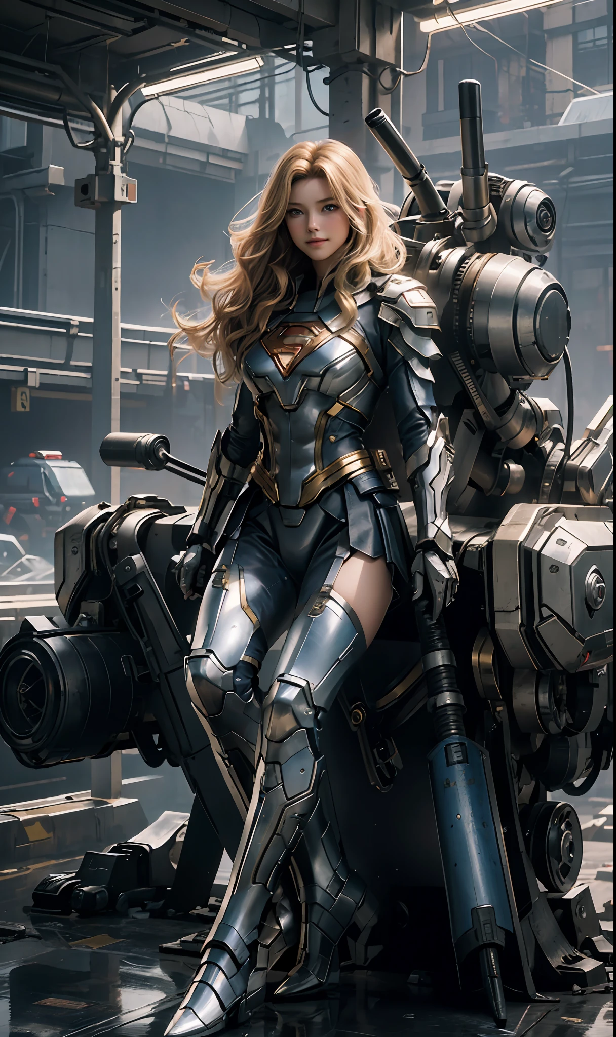 Supergirl masterpiece, (best quality), highly detailed, ultra-detailed, 1supergirl, (mechanicalwings: golden, glowingeyes: blue, silverarmor: 1.2, elongated ears: 0.8), (cyberpunkcity: 1.5, weapon: energyblade), (fantasylandscape: 1.2, natural lighting: 1.5, confidentexpression), (panorama: 1.2), blonde, with superman symbol S on the chest, mecha, smile, blue eyes, angle, angels, wings,