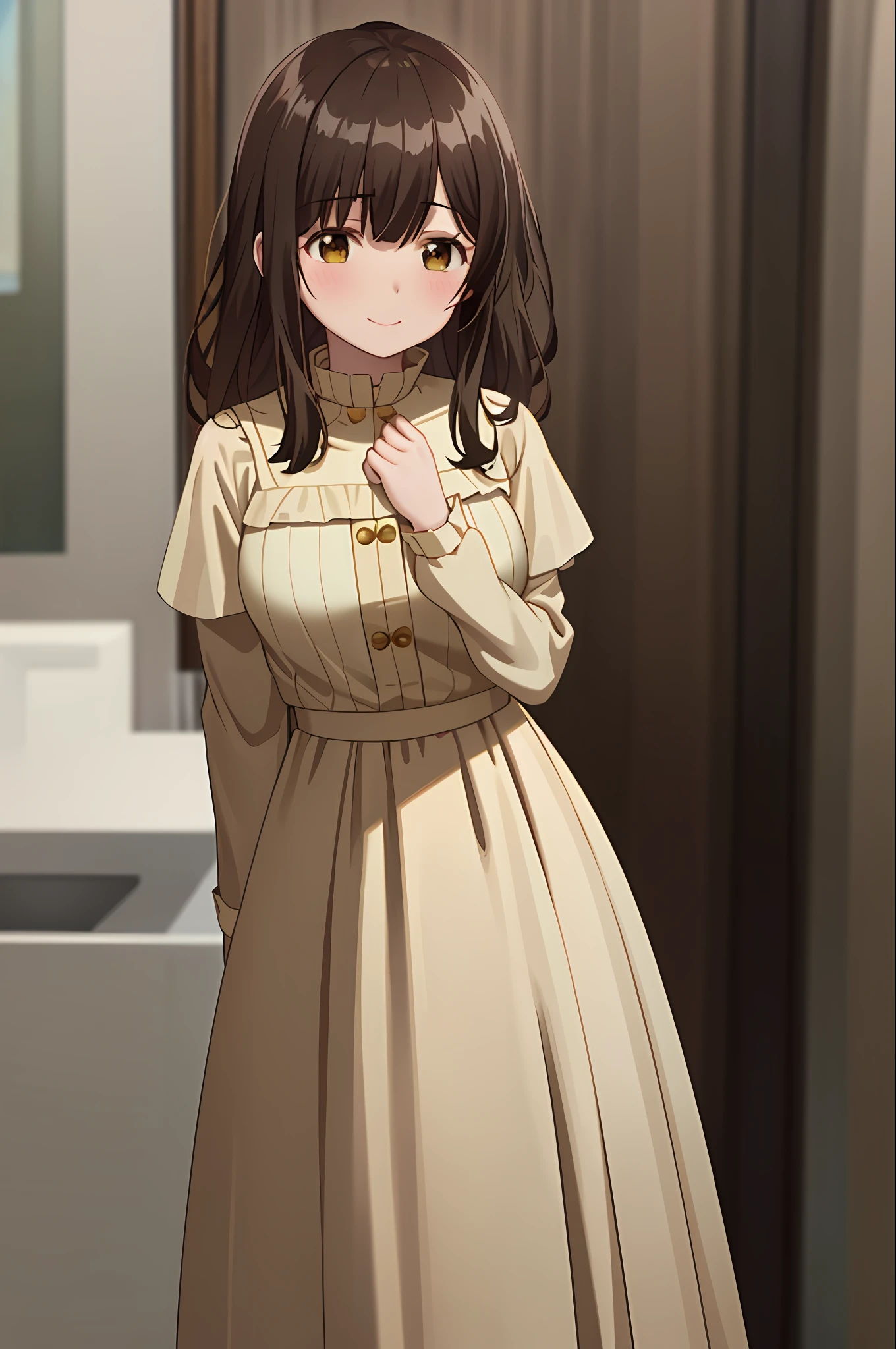 best quality, (masterpiece: 1.2), highly detailed, indoors, 
1girl, solo, ogiwara sayu,
looking at the viewer, medium breasts, smile, mouth closed, hand on own chest, blush,
brown eyes, brown hair, long hair, beautiful black dress dress, ruffles