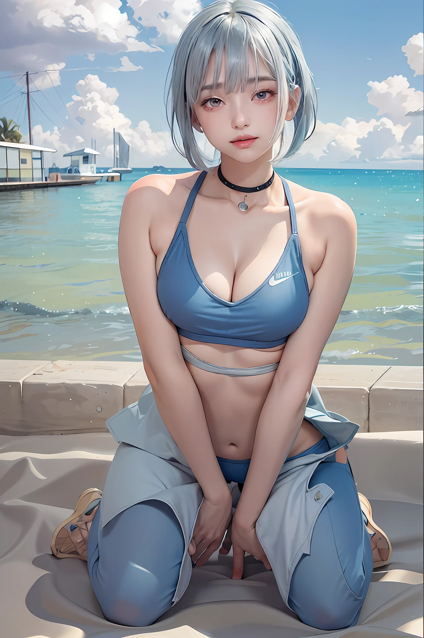 photorealistic, high resolution, 1 girl, gray hair, korean, heterochromic eyes, small moles under eyes, bikini, big, blue hair, (blonde mesh), beach, outdoor, pigtails straight hair, yes yes, on all fours, shorts, princess cut, wharf,