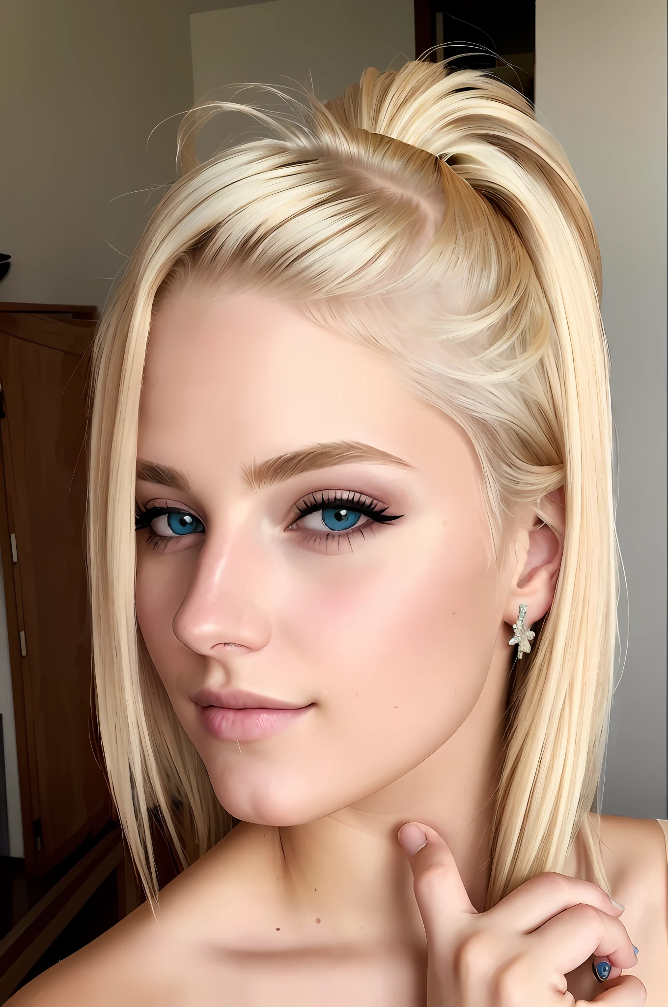 ((best quality)), ((ultra res)), ((photorealistic)), (intricate details), 19 years old, blonde hair, perfect face, make up:1.5, light on face, face detail, NAKED, short hair,