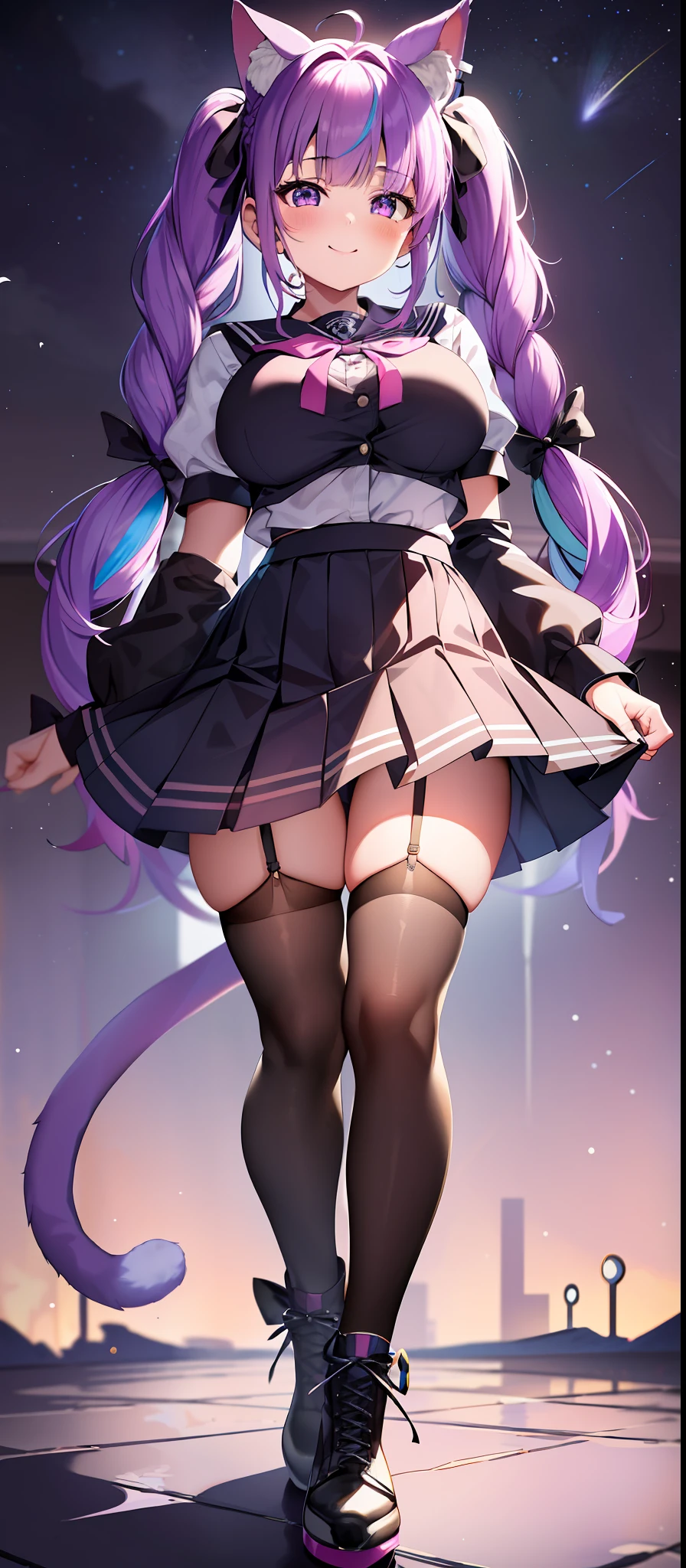 masterpiece, best quality, high resolution, side lighting, 1 girl, aqua minato, virtual youtuber, tail, animal ears, cat ears, long hair, purple eyes, braid, ahoge, cat tail, skirt, multicolor hair, twin braids, blue hair, two tone hair, hair band, tail topper, tail ribbon, pink hair, anchor hair topper, ribbon, sailor collar, school uniform, pleated skirt, bow, kitten, twin pigtails , big boobs, bangs, upper body, smile, 1 girl, toned, sharp cat ears, cat tail, cosmic powers, HD, masterpiece, vibrant, boots black, dead expression, purple thin armor, full body view