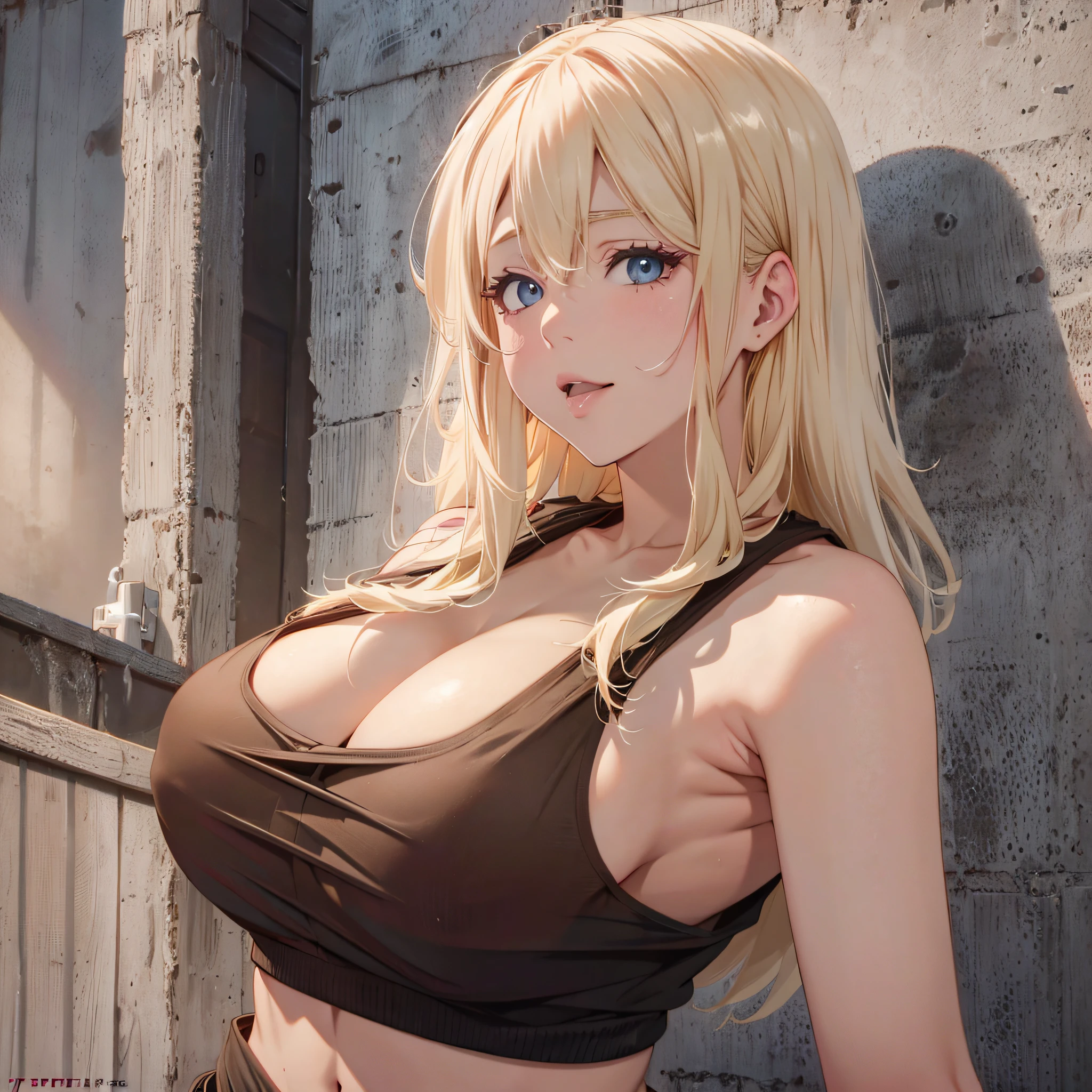 blonde girl, tank top, sexy top, red top, medium breasts, heart on eyes, excited, 4k, high quality, --auto --s2