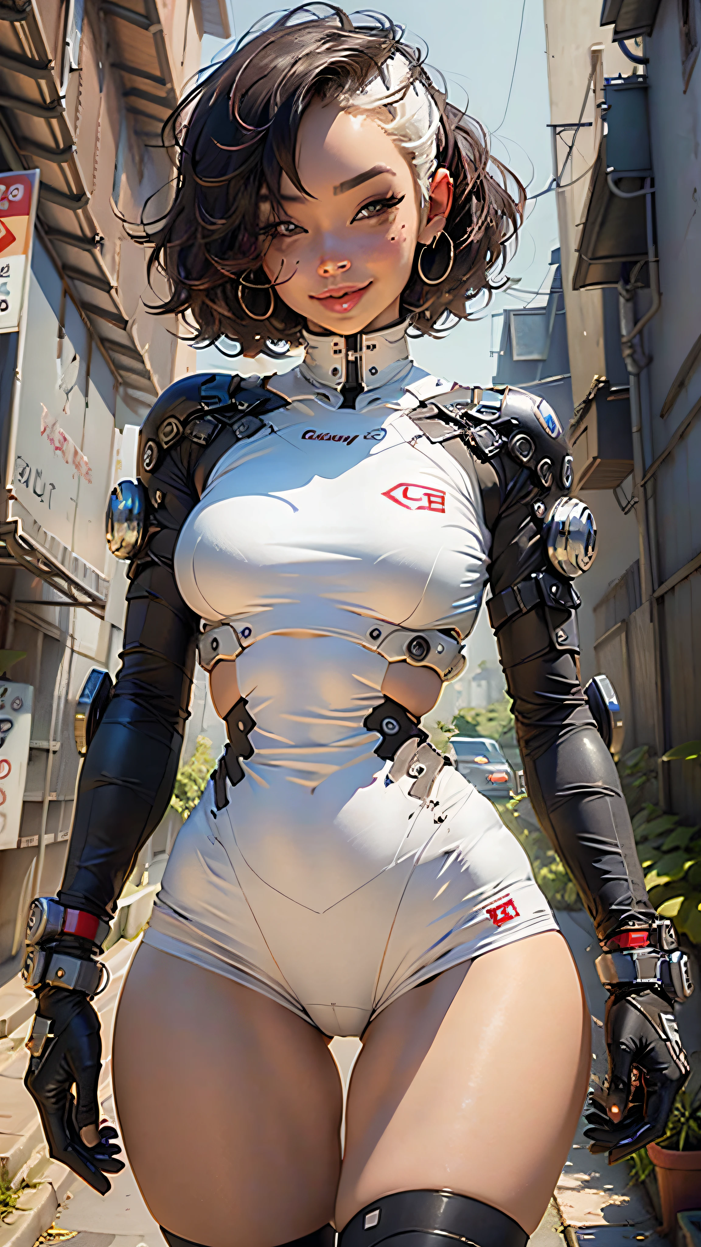 Woman body defined thick thighs cybernetic body parts, short underwear, big boobs, smile, short hair, big lips