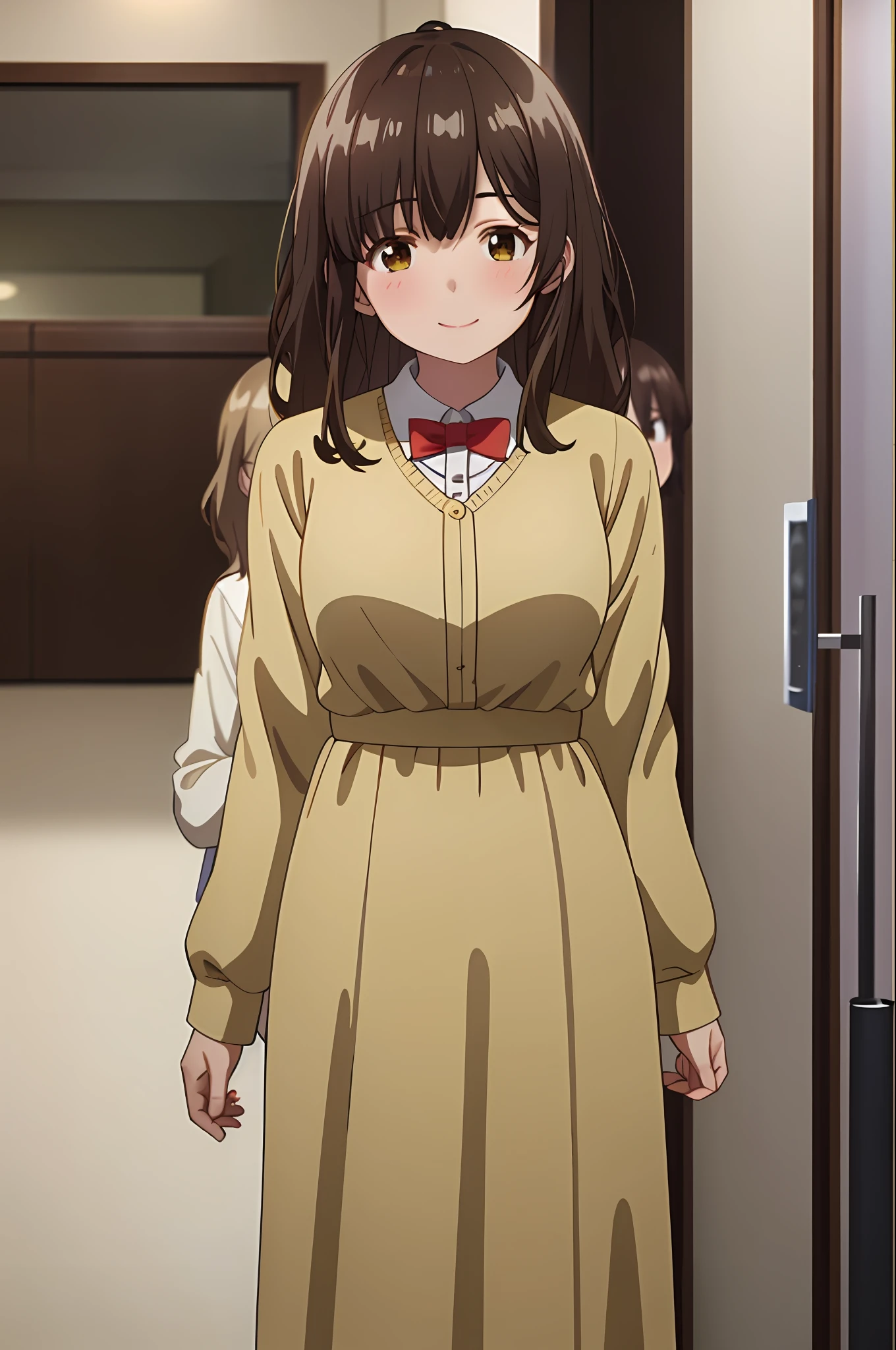 best quality, (masterpiece: 1.2), highly detailed, indoors, 
1girl, solo, ogiwara sayu,
looking at the viewer, medium breasts, smile, mouth closed, arms back, looking at viewer, zoom from the waist up, blush,
brown eyes, brown hair, long hair, wearing maid's uniform