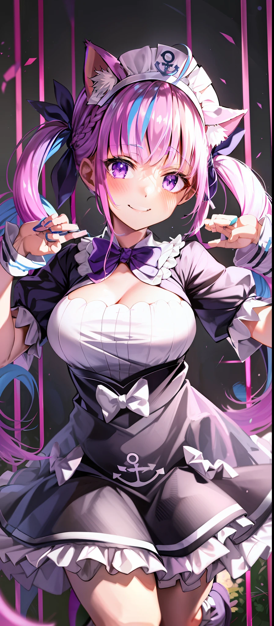 masterpiece, best quality, high resolution, side lighting, 1 girl, aqua minato, virtual youtuber, tail, animal ears, cat ears, long hair, purple eyes, braid, ahoge, cat tail, skirt, multicolor hair, twin braids, blue hair, two tone hair, hair band, tail topper, tail ribbon, pink hair, anchor hair topper, ribbon, sailor collar, school uniform, pleated skirt, bow, kitten, twin pigtails , big boobs, bangs, upper body, smile, 1 girl, toned, sharp cat ears, cat tail, cosmic powers, HD, masterpiece, vibrant, boots black, dead expression, purple thin armor, full body view