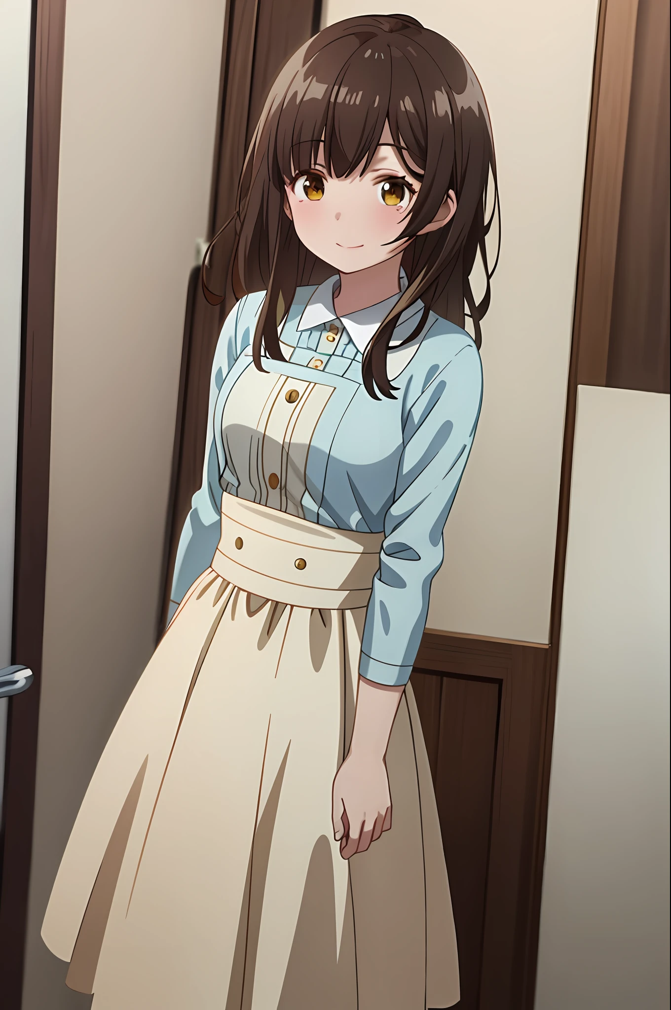 best quality, (masterpiece: 1.2), highly detailed, indoors, 
1girl, solo, ogiwara sayu,
looking at the viewer, medium breasts, smile, mouth closed, arms back, looking at viewer, zoom from the waist up, blush,
brown eyes, brown hair, long hair, wearing maid's uniform