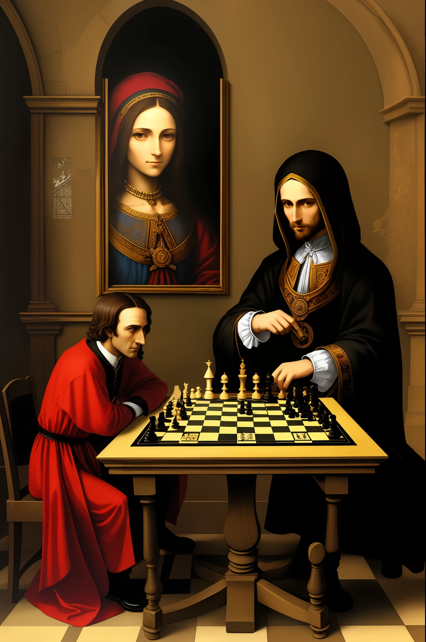 Fusion of Banksy and da Vinci, two men playing chess