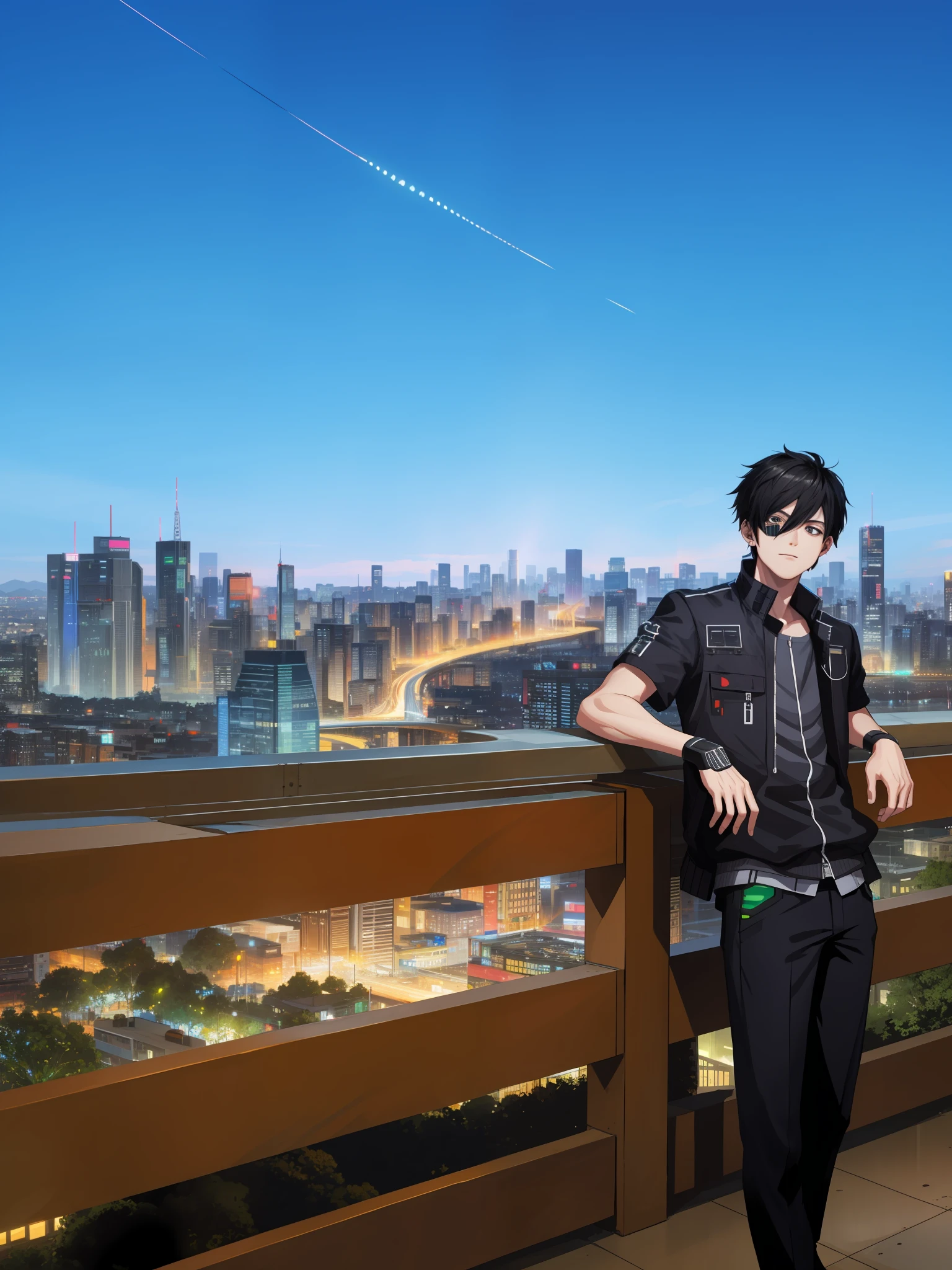 cyber punk, city, 1boy, black hair, black eyes, cyborg