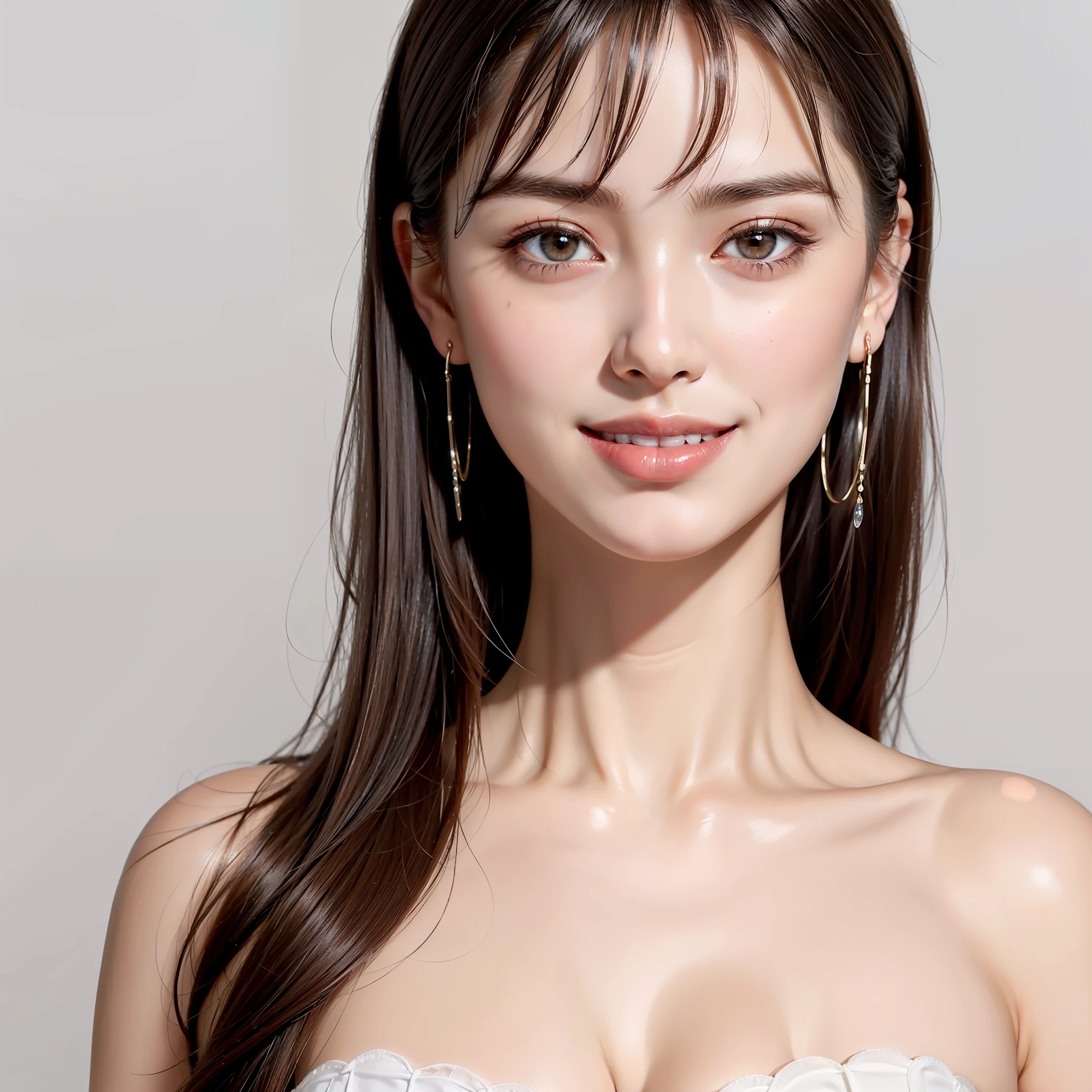 One beautiful woman shouldered shirt, (open all buttons: 1.1), big breasts, deep cleavage, top quality, masterpiece, illustration, very delicate and beautiful, very detailed, CG, unity, 8K wallpaper, amazing, fine detail, highly detailed CG Unity 8K wallpaper, huge file size, very detailed, high resolution, handsome detail woman, very detailed big eyes and face, Amazing detailed eyes, face light, (Best Illustration: 1.1), super high resolution, (Photoreal: 1.1), (Photoreal: 1.2:1.1), realistic facial proportions, slender, smile, (makeup: 0.4), (Fluffy pale colored eyes: 1.21), pale colored eyes, round eyes, looking at the beholder, dark brown hair, earrings, necklaces, hairpins, ( Irregular irregular skin imperfections, veins, wrinkles on the skin: pores: 1.2), white background, (bokeh: 1.4), very short hair, short bob, oil on the skin, oil on the face, gloss on the skin, gloss on the face, gloss on the lips, gloss on the chest, glossy skin, smile, smile, beautiful teeth, beautiful bangs, beautiful collarbone, long neck, big eyes, clear eyes, clear eyelids, clear double eyelids, ears out, Incredibly cute, overwhelmingly beautiful, highlights in the eyes, thick bangs, bangs