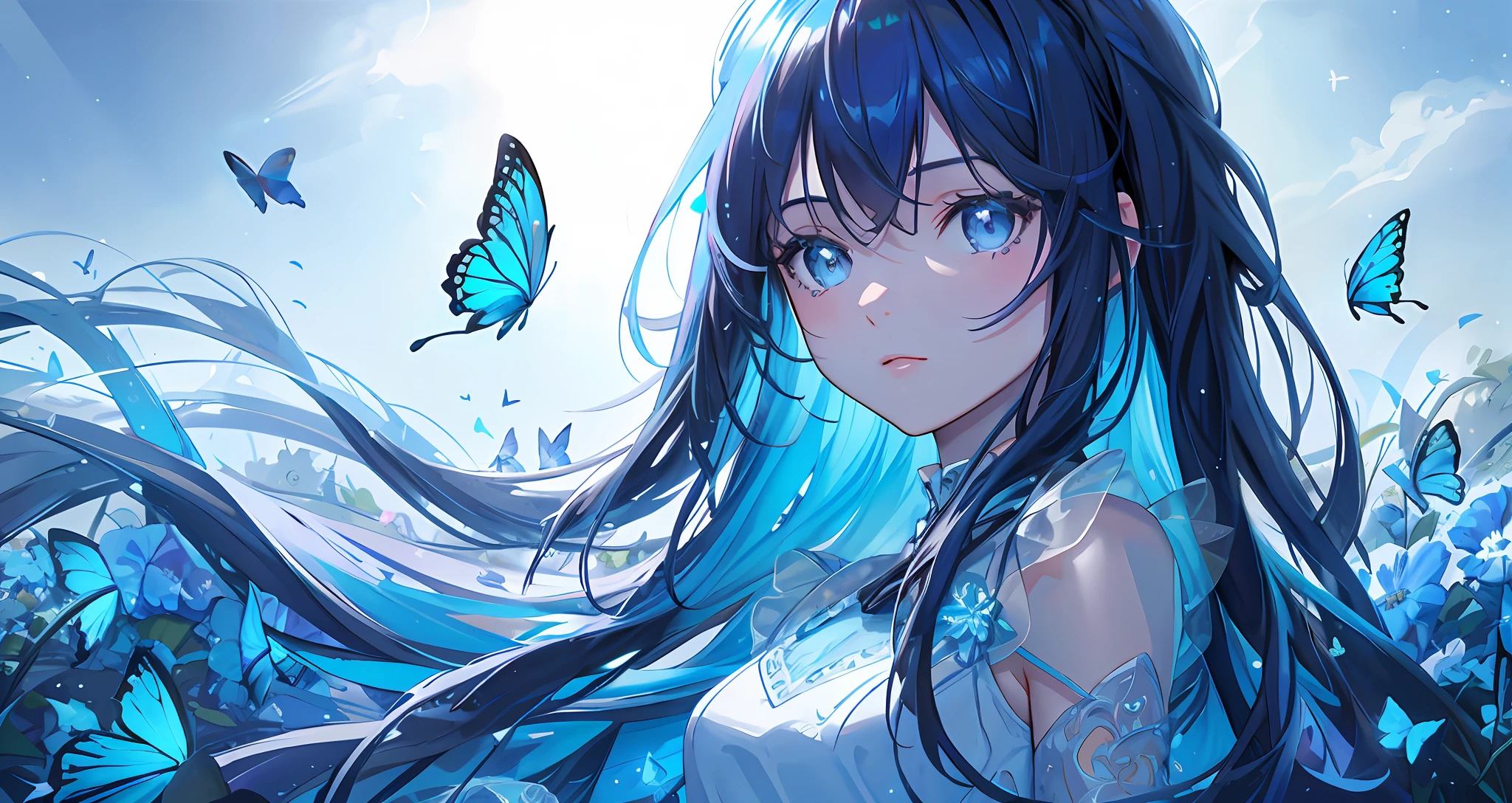 masterpiece, best quality, detailed eyes, vivid color, detailed skin, 1girl, short dress, see-through silhouette,
starry sky, field of flowers, butterflies,
((((((blue hue, rim lighting)))))),