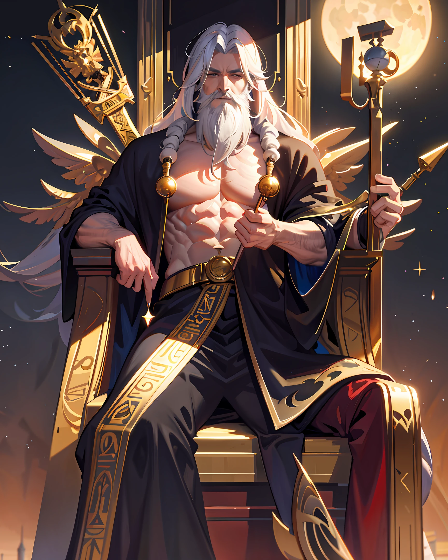 "A masterpiece on 8k wallpaper, which depicts a highly complex scene, man presenting an exceptional level of detail and art, a wizard, long white beard, endowed with an impressive muscular appearance, showing muscular chest, sitting on the throne holding shiny golden staff, long hair dreads, super realistic, wearing Egyptian skirt, human, night, moon"