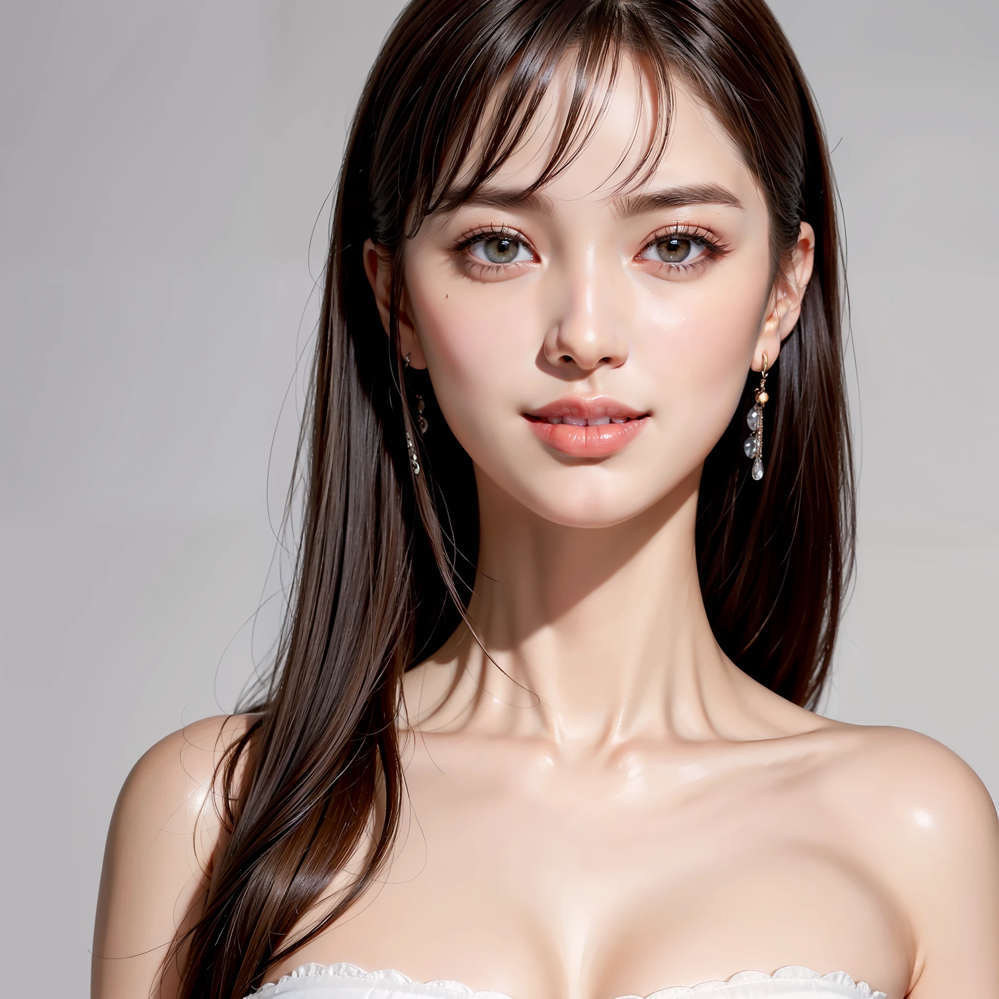 One beautiful woman shouldered shirt, (open all buttons: 1.1), big breasts, deep cleavage, top quality, masterpiece, illustration, very delicate and beautiful, very detailed, CG, unity, 8K wallpaper, amazing, fine detail, highly detailed CG Unity 8K wallpaper, huge file size, very detailed, high resolution, handsome detail woman, very detailed big eyes and face, Amazing detailed eyes, face light, (Best Illustration: 1.1), super high resolution, (Photoreal: 1.1), (Photoreal: 1.2:1.1), realistic facial proportions, slender, smile, (makeup: 0.4), (Fluffy pale colored eyes: 1.21), pale colored eyes, round eyes, looking at the beholder, dark brown hair, earrings, necklaces, hairpins, ( Irregular irregular skin imperfections, veins, wrinkles on the skin: pores: 1.2), white background, (bokeh: 1.4), very short hair, short bob, oil on the skin, oil on the face, gloss on the skin, gloss on the face, gloss on the lips, gloss on the chest, glossy skin, smile, smile, beautiful teeth, beautiful bangs, beautiful collarbone, long neck, big eyes, clear eyes, clear eyelids, clear double eyelids, ears out, Incredibly cute, overwhelmingly beautiful, highlights in the eyes, thick bangs, bangs