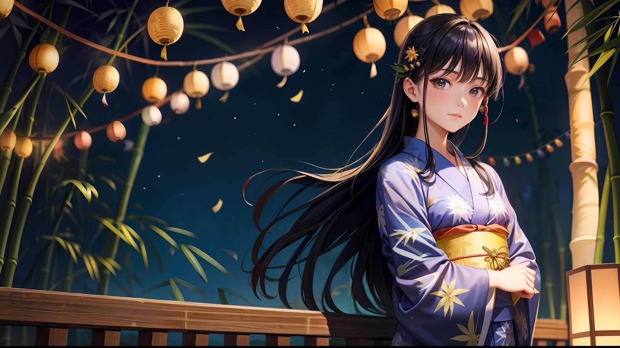 Beauty, 25 years old, countryside, yukata, night, starry sky, ((((Tanabata)), bamboo leaves, (strip))),