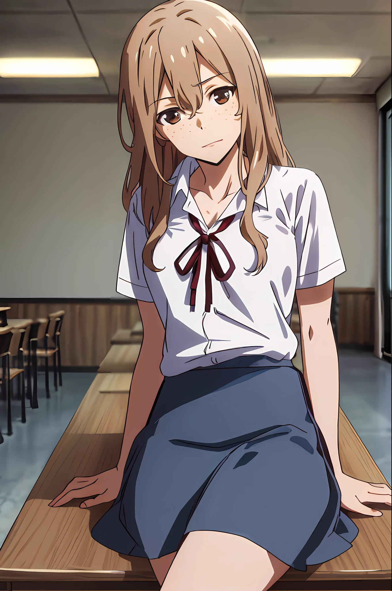 masterpiece, best quality, highres, aoki1, brown eyes, freckles, skirt, white shirt, ribbon, cowboy shot, sitting at the desk, inside the classroom, legs crossed, facing the spectator, looking at the viewer, dark atmosphere