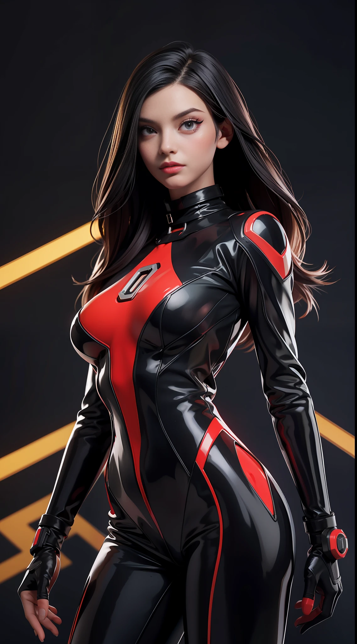 solo, super fine photo, portrait Unreal Engine 5 8K UHD of beautiful and cute girl, fire brick and black color scheme tight cybernetic latex catsuit with latex dress outwear, cybernetic glove, futuristic design, crimson neon lights details, beautiful make up, luxurious, best quality, masterpiece, official art, unified 8k wallpaper, super detailed, sharp focus, dynamic pose, body parts