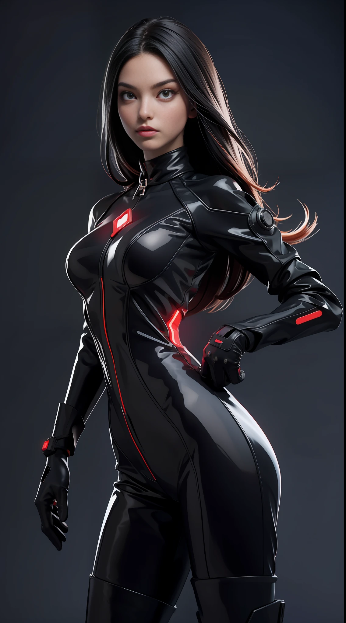 solo, super fine photo, portrait Unreal Engine 5 8K UHD of beautiful and cute girl, fire brick and black color scheme tight cybernetic latex catsuit with latex dress outwear, cybernetic glove, futuristic design, crimson neon lights details, beautiful make up, luxurious, best quality, masterpiece, official art, unified 8k wallpaper, super detailed, sharp focus, dynamic pose, body parts