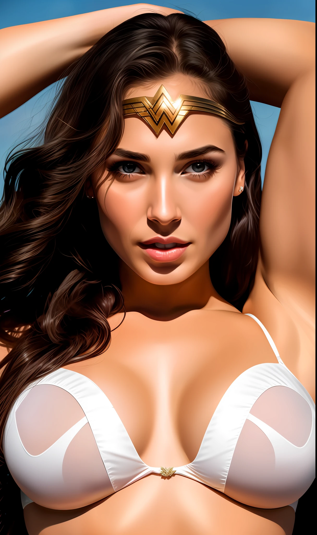 Close-up of a woman in costume lying on the floor, Wonder Woman, Linda Carter Wonder Woman, posing heroically, dressed up as Wonder Woman, DC Comics style, Gal Gadot as the Lord of Hell, Gal Gadot's sexy drawing, super realistic", comic digital art, Gal Gadot's hybrid, DC Comics style, very detailed and realistic, [(Wonder Woman), Tiara, Leotard, Jewelry, Star \(symbol\), bare shoulders, cleavage, strong and realistic blue eyes, realistic black hair,  lips, long hair, makeup, natural skin texture, slightly tanned skin tone, realistic, muscular body (muscle:1.2), ((strong and healthy body)), ((( (more) muscles))), (big breasts:1.2) thin waist, (perfect big buttocks and wide buttocks:1.2), (detailed skin), ((dirty)), (wet skin:1.2), wet, (sweaty:1.2), (wet body), heavy breathing, ((profuse sweating, skin indentations in great detail)), ((perfectly symmetrical face))),  (beautiful and sexy woman), (swollen lips:0.9), sissy, (eyelashes:1.2), striking facial features, delicate hair, stunningly beautiful, extremely delicate skin, sweaty skin, perfect smooth curves, perfect body, perfect breasts, perfectly wide buttocks, full lips, extremely delicate muscle definition, open mouth, screaming], (super detailed CG: 1.2), (8K: 1.2)