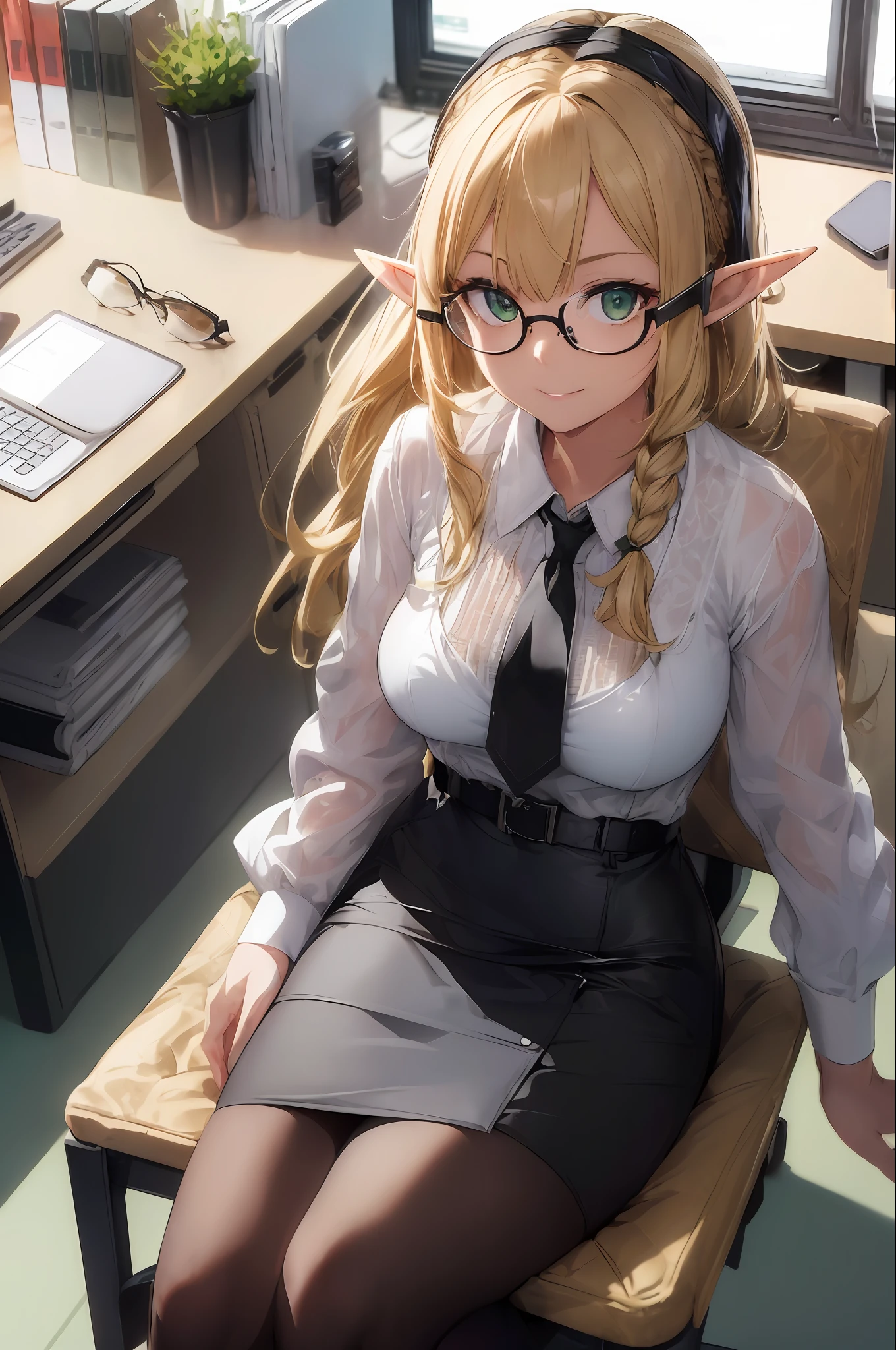 (((Masterpiece, highest quality, precision, ultra-detail)))), ((Modern)), ((Elf OL))))), ((((Elf ears))), break, ((White blouse)), break, ((Black pencil skirt)))), break, ((Black tights))))), (Blonde long braid hair), (Big shining green eyes)))), ((Big)), (((Design office) ), ((PC on a stylish office desk)), (((sits in a black office chair and turns around))), smiles, ((glasses)))), (tilts head)))), breeze, (eyes forcus))), dynamic angle, from above