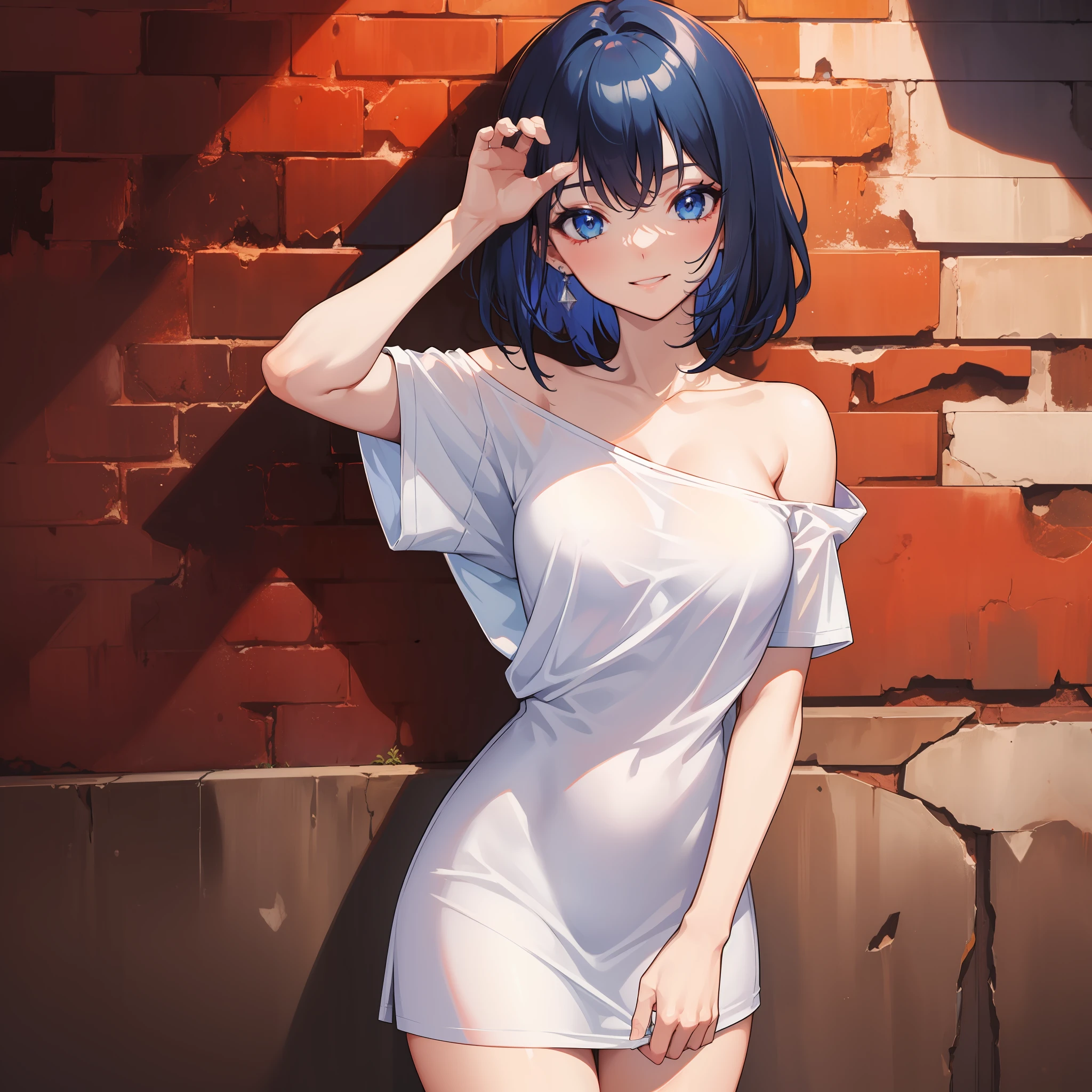 (Masterpiece), ((Best Quality)), (Super Detailed), (((Perfect Body)))), 1 Girl, (Oversized White T-Shirt), (Oversized Shirt: 1.2 Inch), Dark Blue Hair, Dark Blue Eyes, Short Hair, Off Shoulder, Towards Wall, Brick Wall, Graffiti, Dim Lighting, Alley + Background, Medium Breasts, Prank Smile, Perfect Hands, Perfect Hands, Hand Details, Modified Fingers. Earrings, looking_at_viewer, cowboy shots, rich detail, perfect image quality