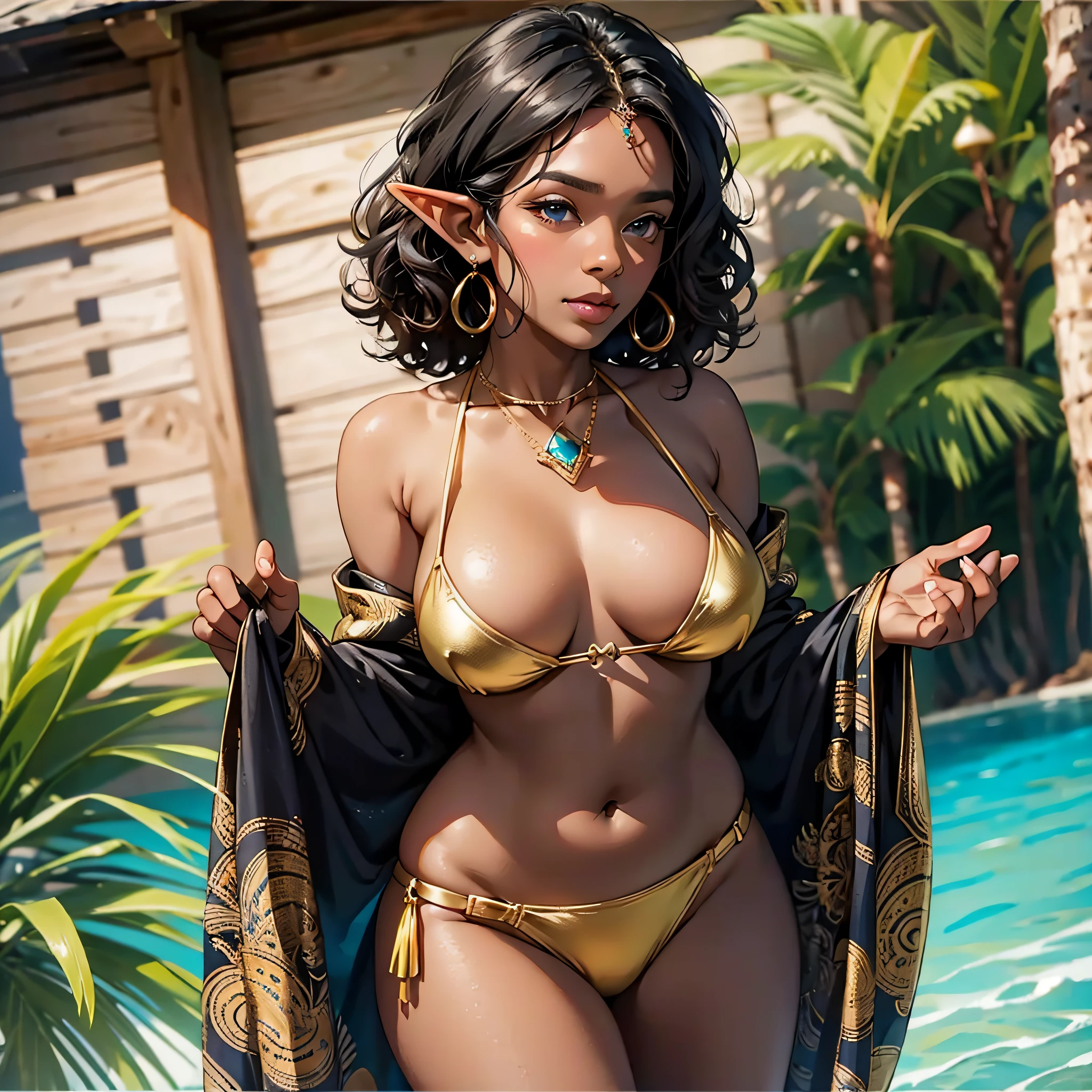 solo,elf,dark skin,milf,mature,black curly hair,plump,golden bikini, --auto --s2