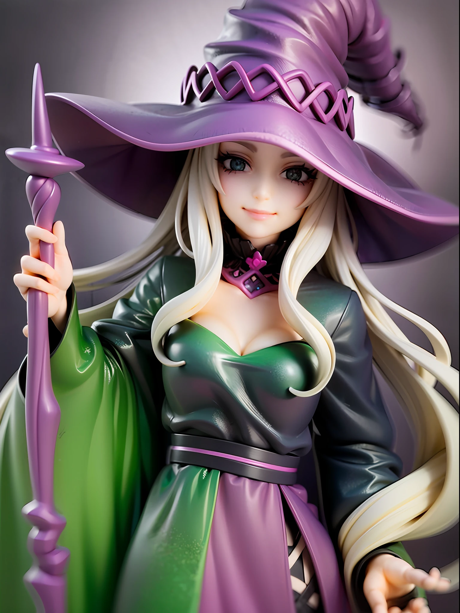 Witch, purple, black, mysterious, beautiful green eyes, closed mouth, smile, robe with star patterns, silver long hair, holding a magic wand, dark forest background, witch hat,