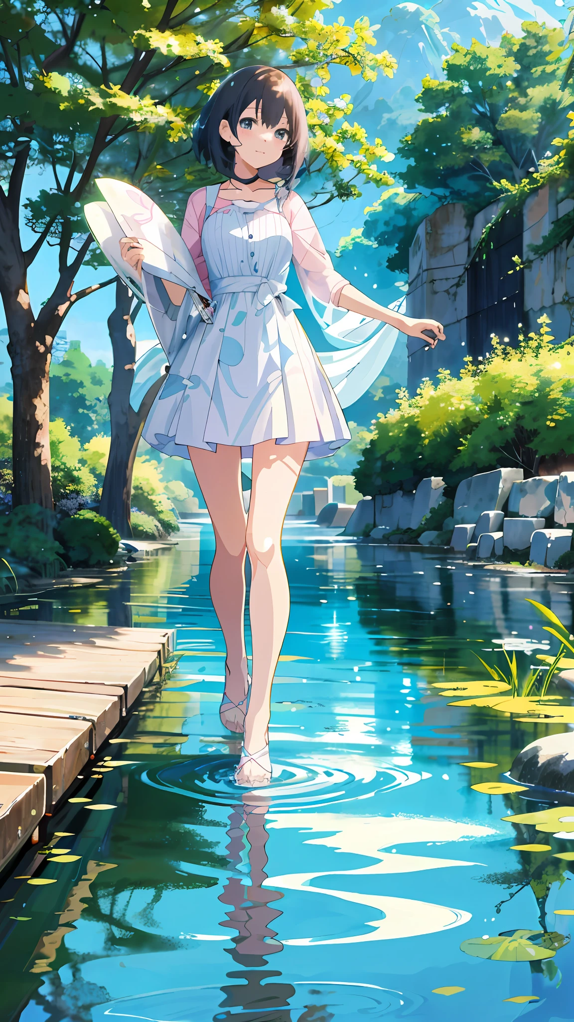 anime girl walking in water with umbrellas in hand, anime girl walking on water, she is walking on a river, beautiful anime artwork, a beautiful artwork illustration, standing in a pond, anime art wallpaper 4k, anime art wallpaper 4 k, beautiful anime art, anime art wallpaper 8 k, anime background art, wallpaper anime blue water, clean detailed anime art