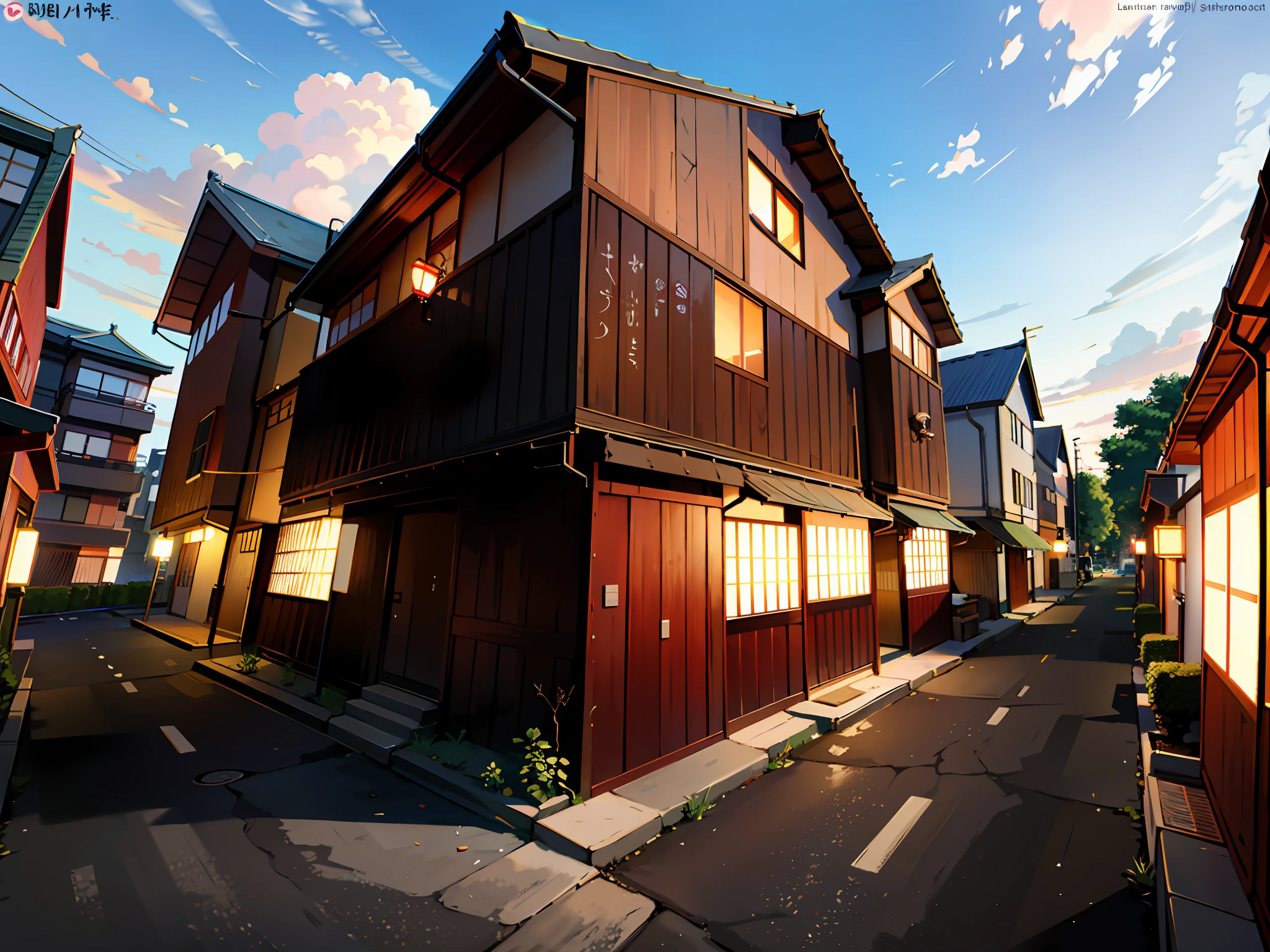 (Japan town scenery), (Hayao Miyazaki style), cartoon, Japan housing complex, townhouse without buildings of the same shape, townhouse of Japan, (rarely house), road, bend, small house, tree, pole, white cloud, calm landscape, outdoor, green trees, magnificent composition, realistic lighting, high resolution details, masterpiece, top quality, (highly detailed CG unified 8k wallpaper), --v6